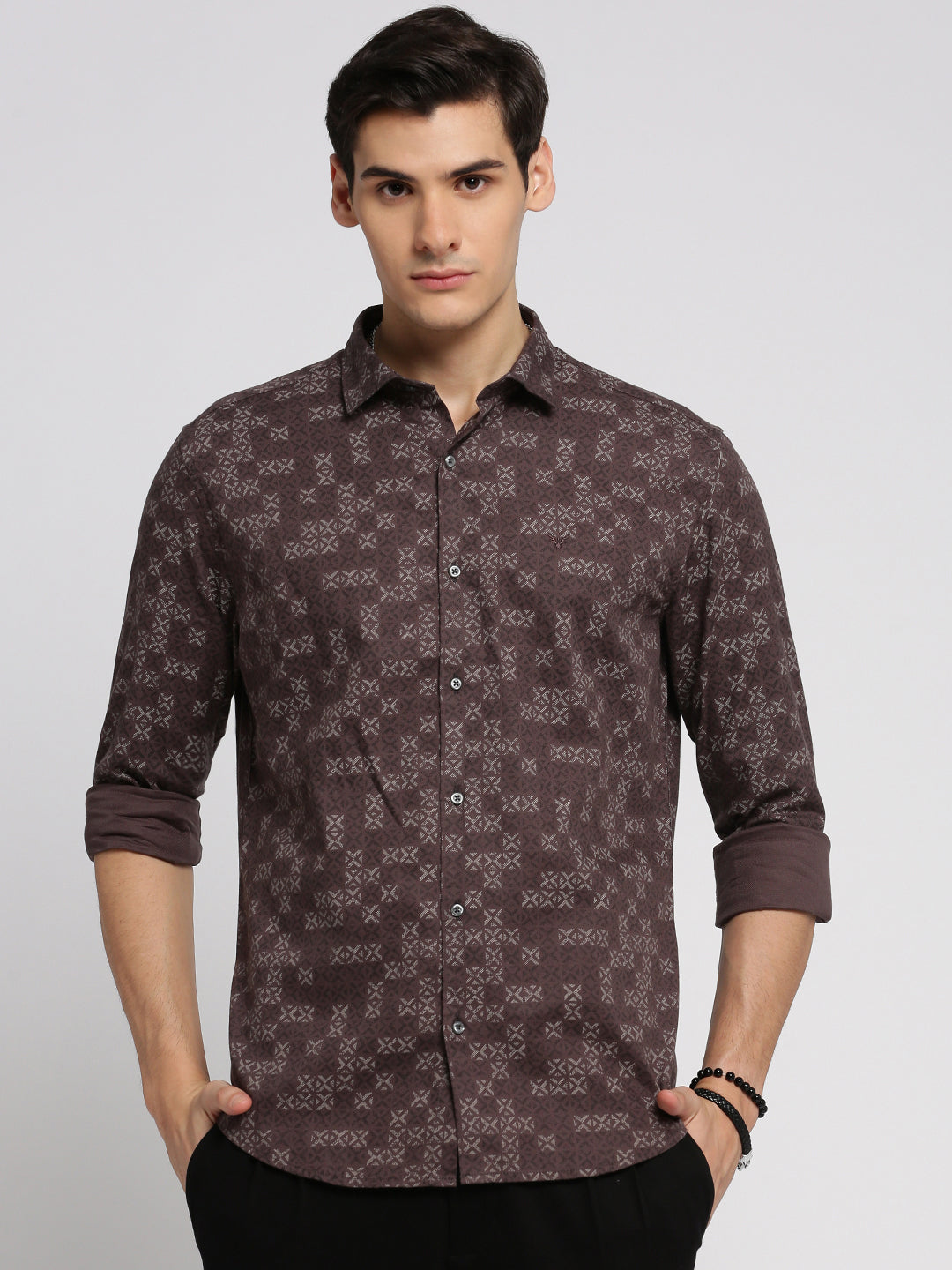 Men Brown Spread Collar Geometric Shirt