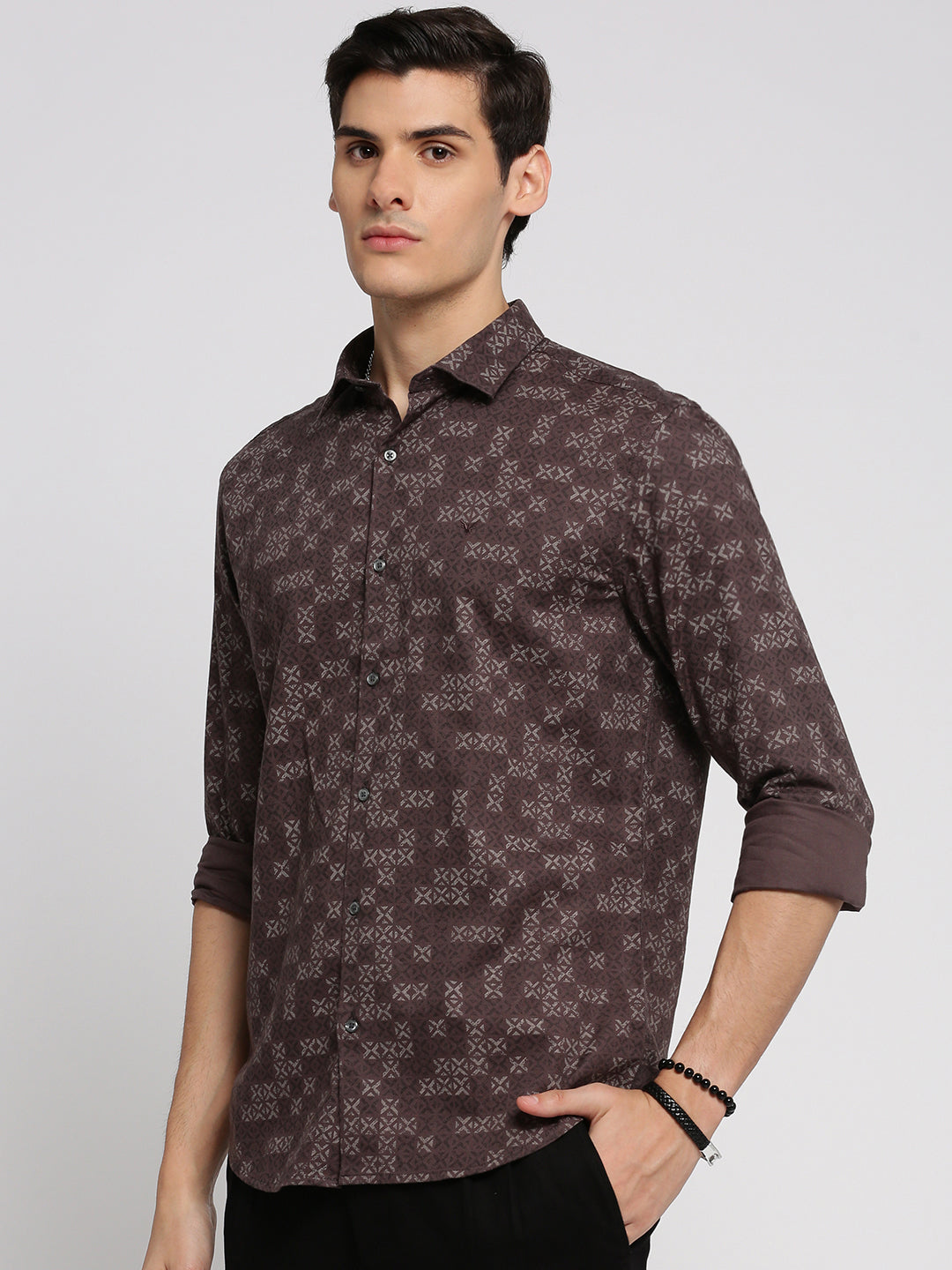 Men Brown Spread Collar Geometric Shirt