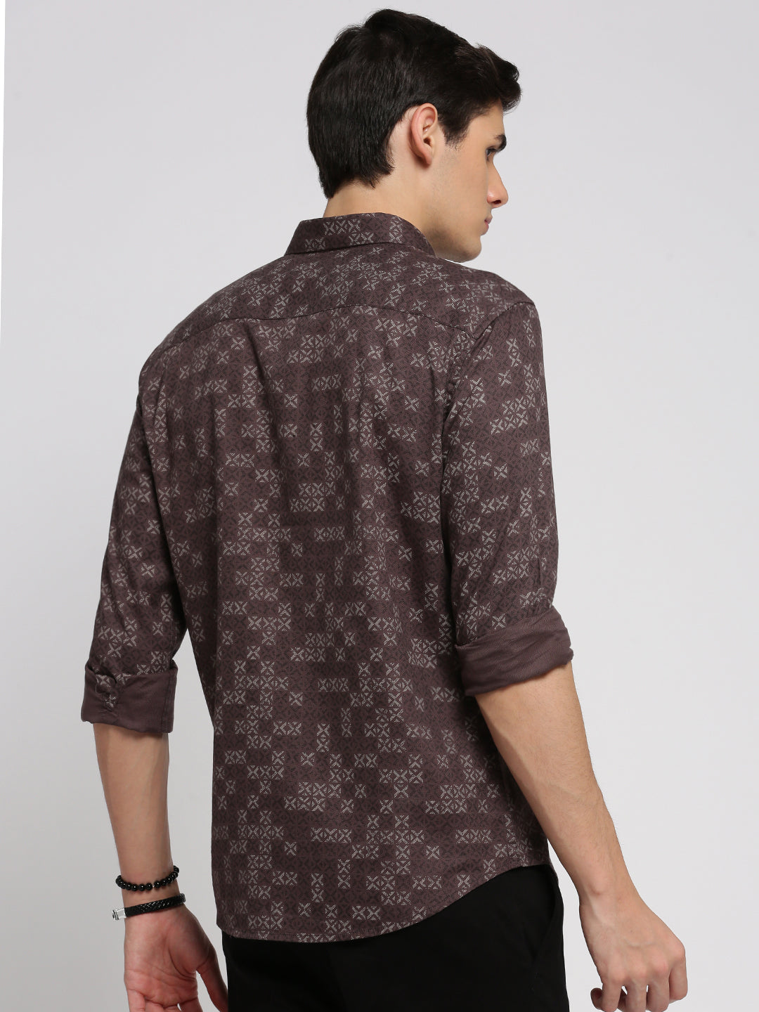 Men Brown Spread Collar Geometric Shirt