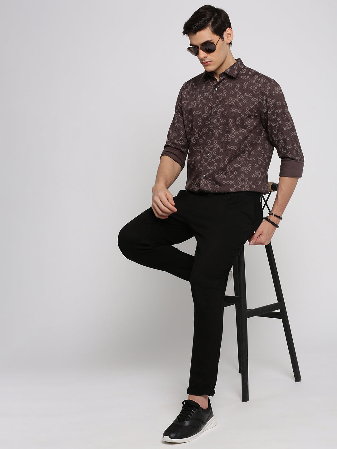 Men Brown Spread Collar Geometric Shirt