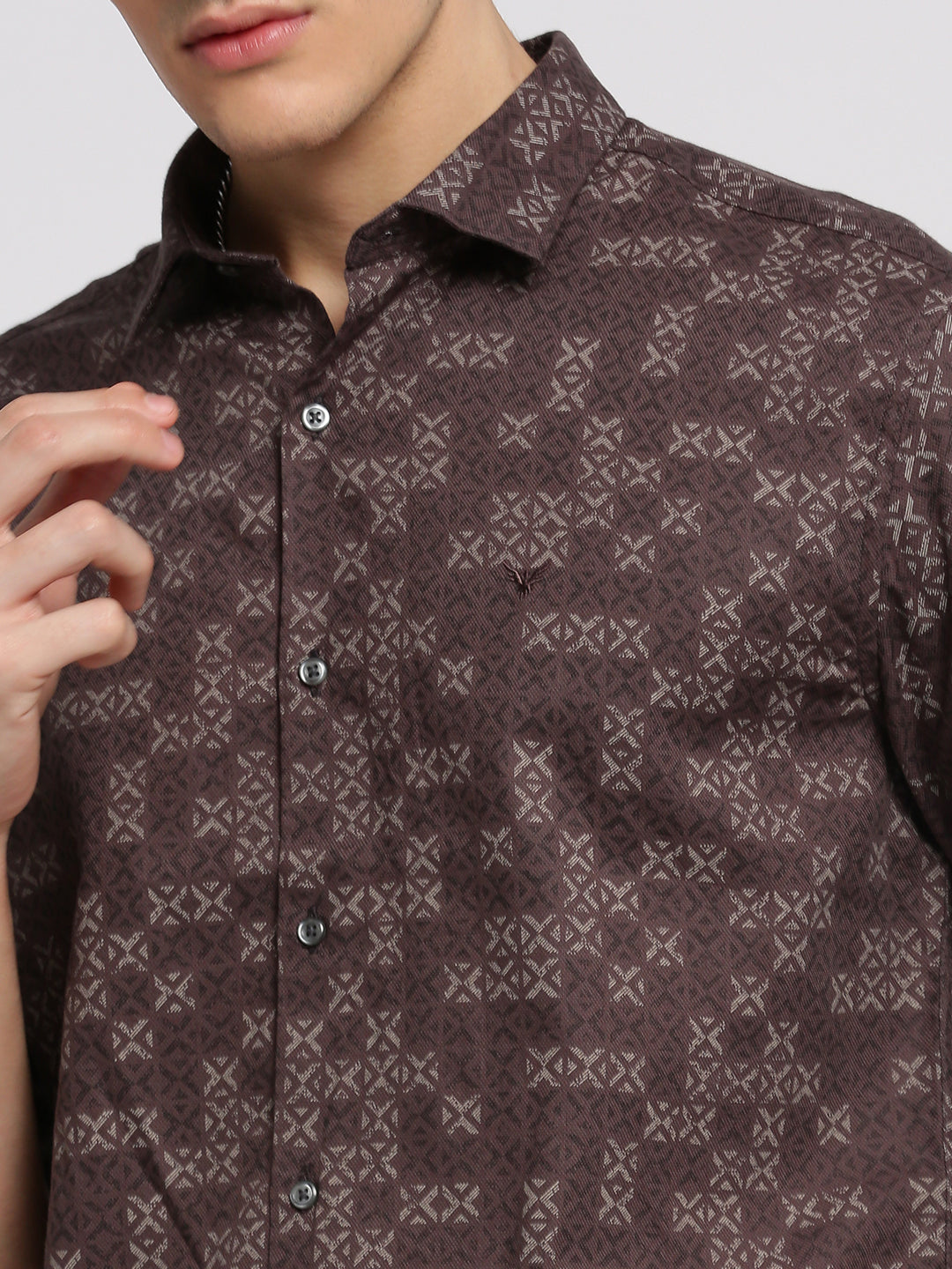 Men Brown Spread Collar Geometric Shirt