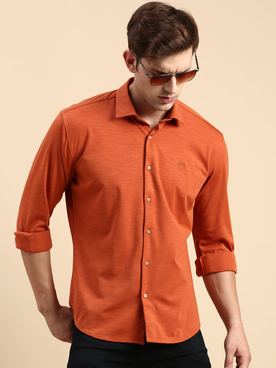 Men Rust Solid Casual Shirt