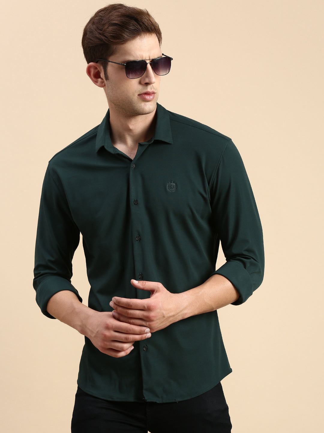 Men Green Solid Casual Shirt