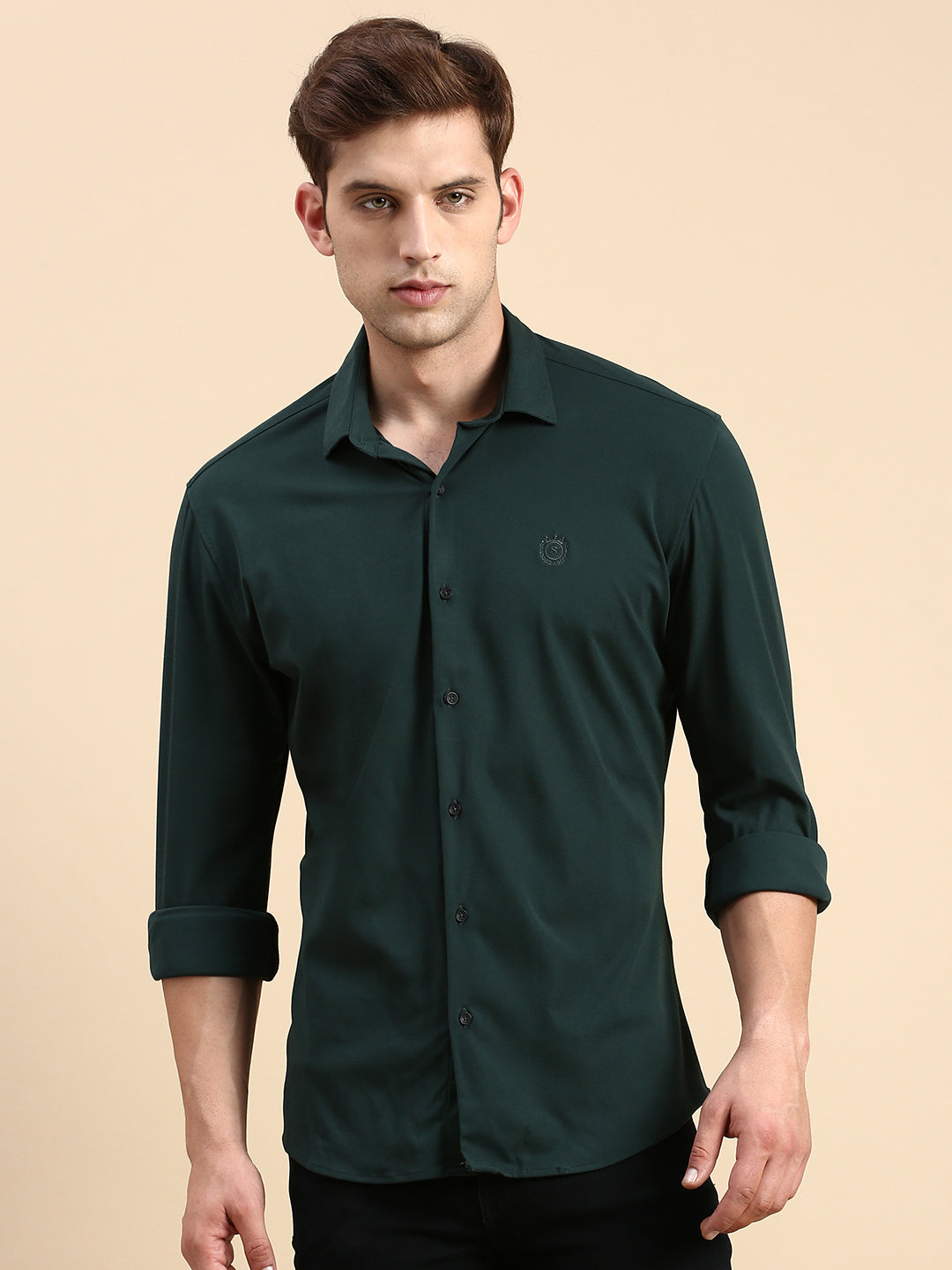 Men Green Solid Casual Shirt