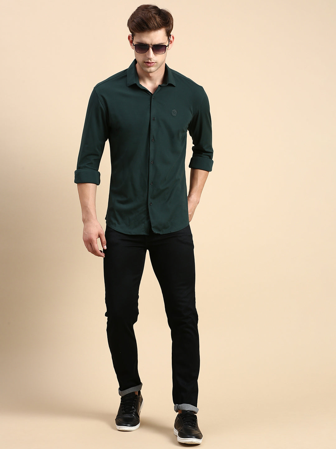 Men Green Solid Casual Shirt