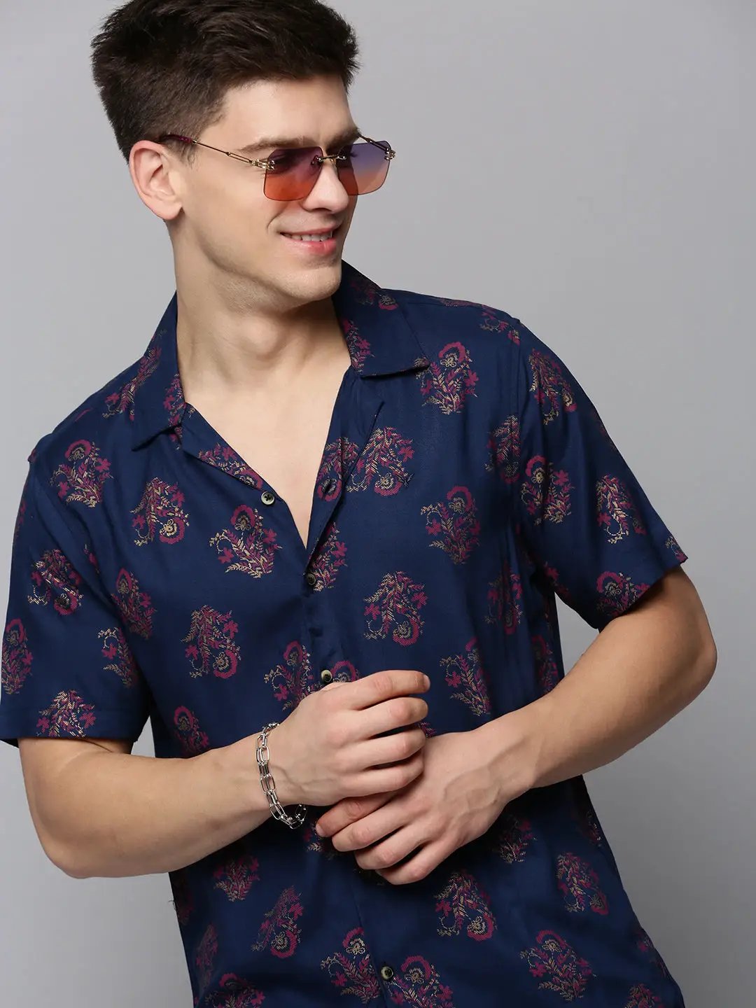 Men's Navy Blue Comfort Ethnic Printed Casual Shirt
