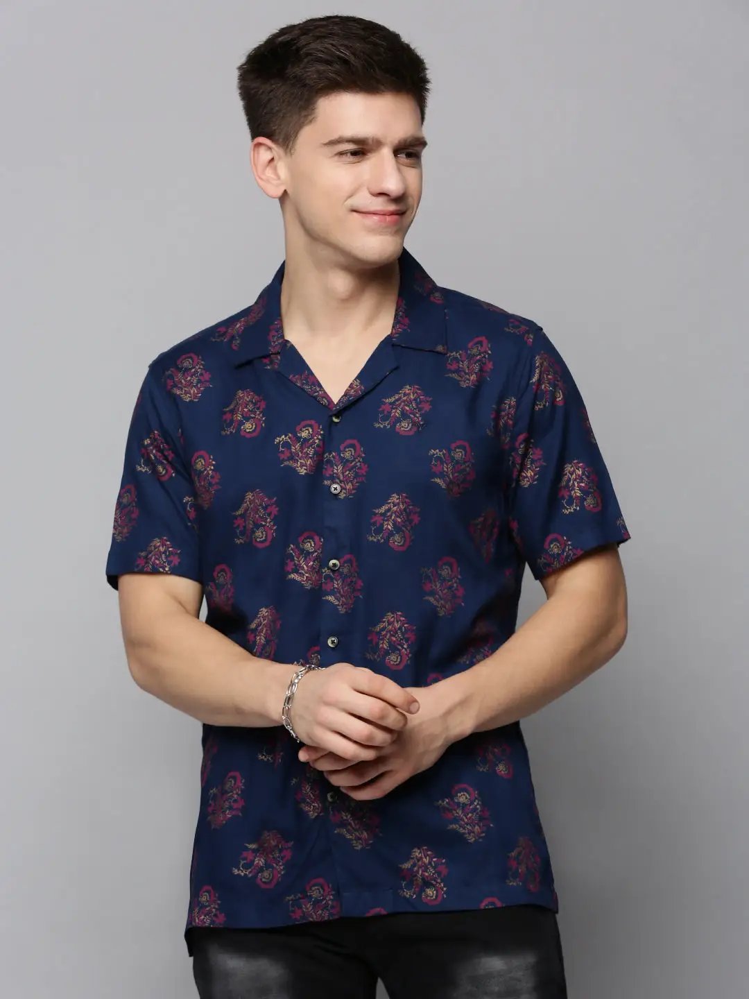 Men's Navy Blue Comfort Ethnic Printed Casual Shirt