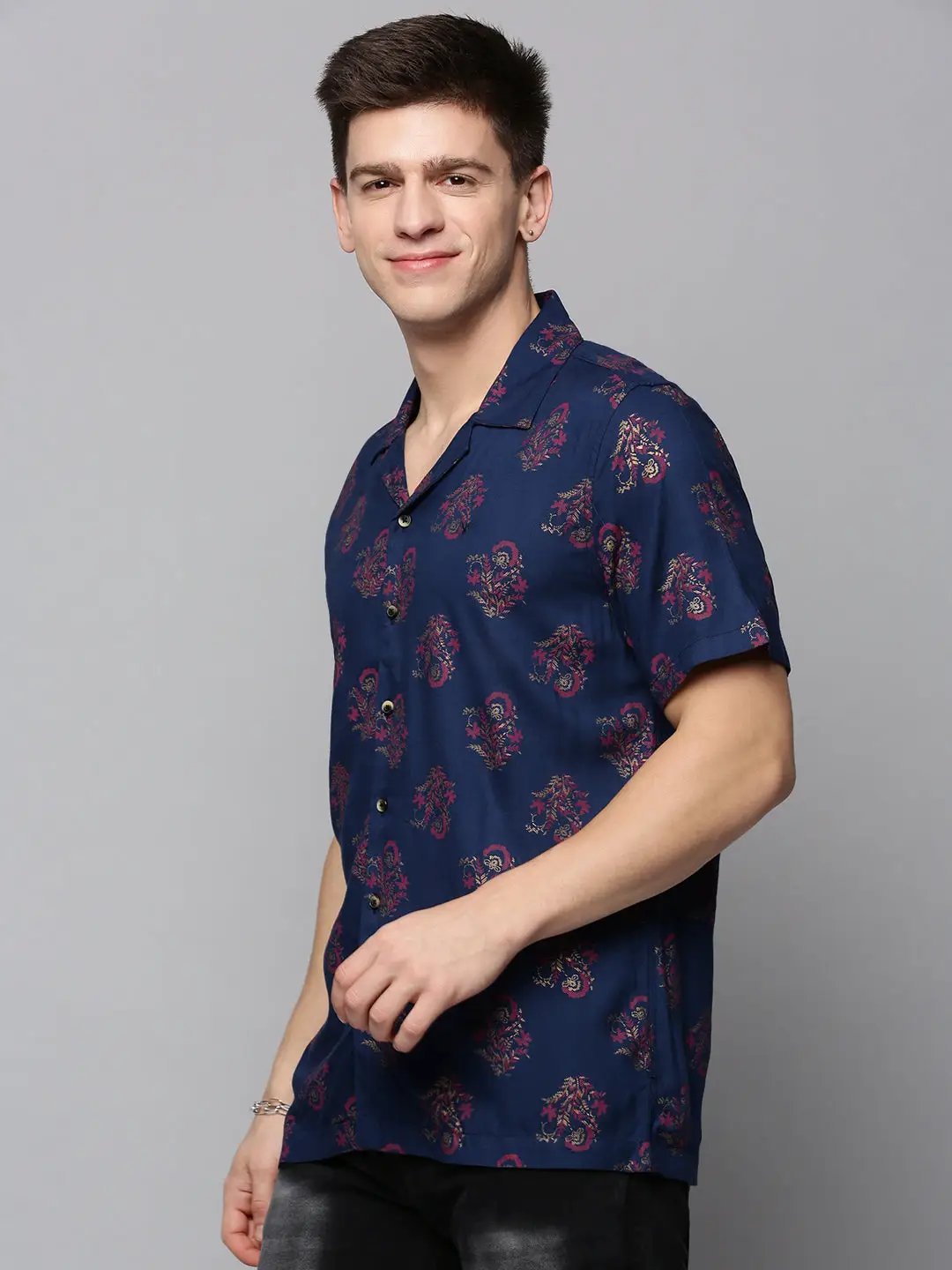 Men's Navy Blue Comfort Ethnic Printed Casual Shirt