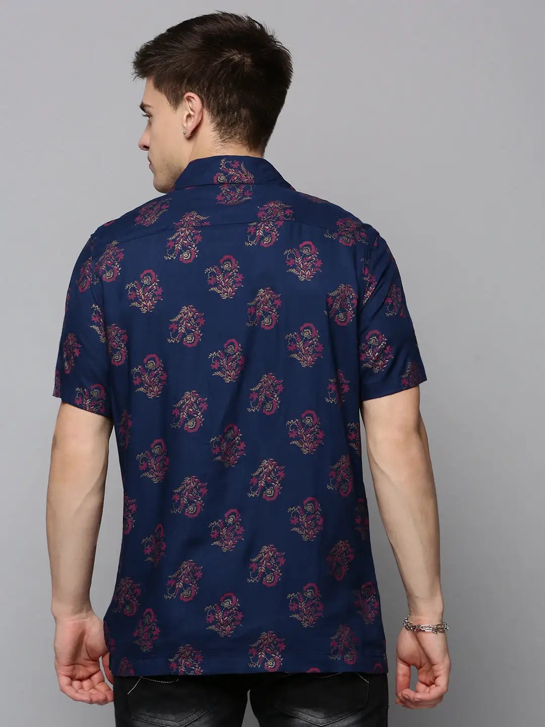 Men's Navy Blue Comfort Ethnic Printed Casual Shirt
