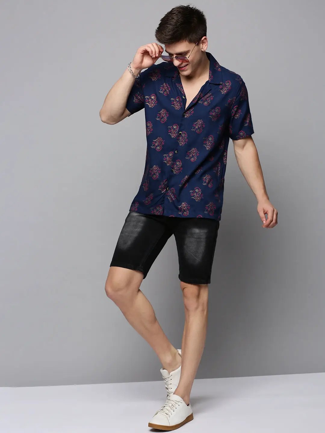Men's Navy Blue Comfort Ethnic Printed Casual Shirt