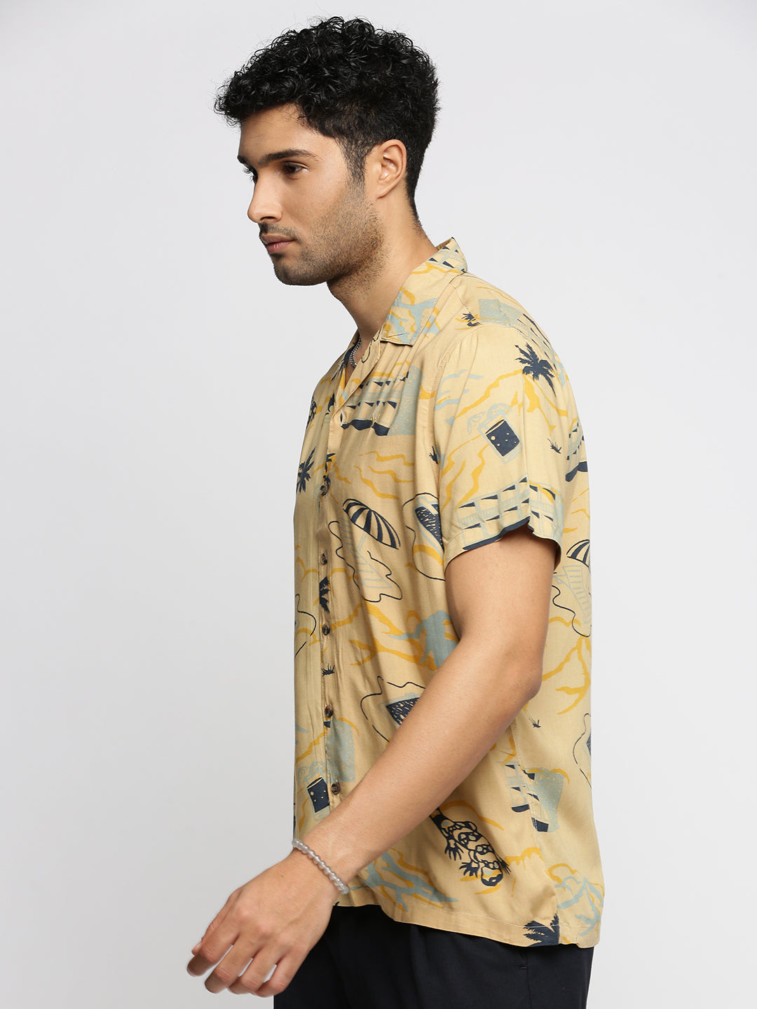 Men's Beige Premium Conversational Printed Cuban Collar Cotton Casual Shirt