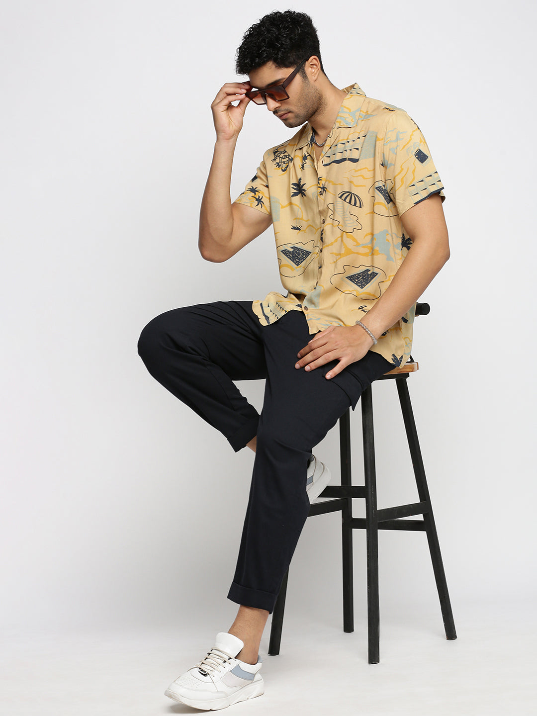 Men's Beige Premium Conversational Printed Cuban Collar Cotton Casual Shirt