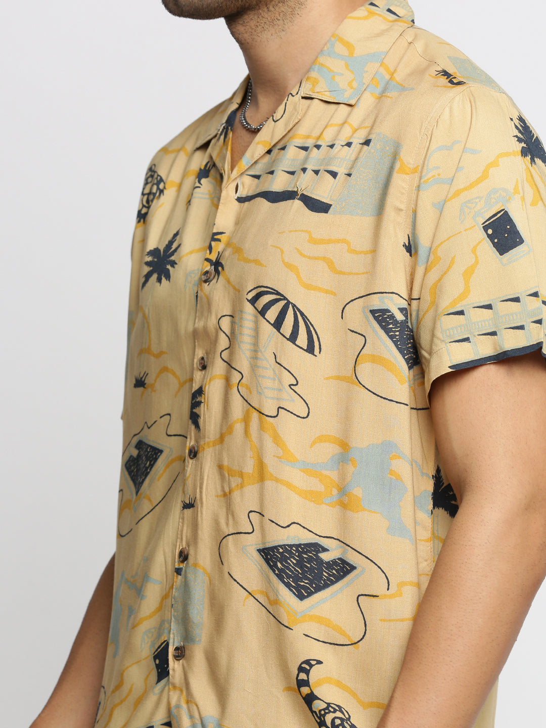 Men's Beige Premium Conversational Printed Cuban Collar Cotton Casual Shirt