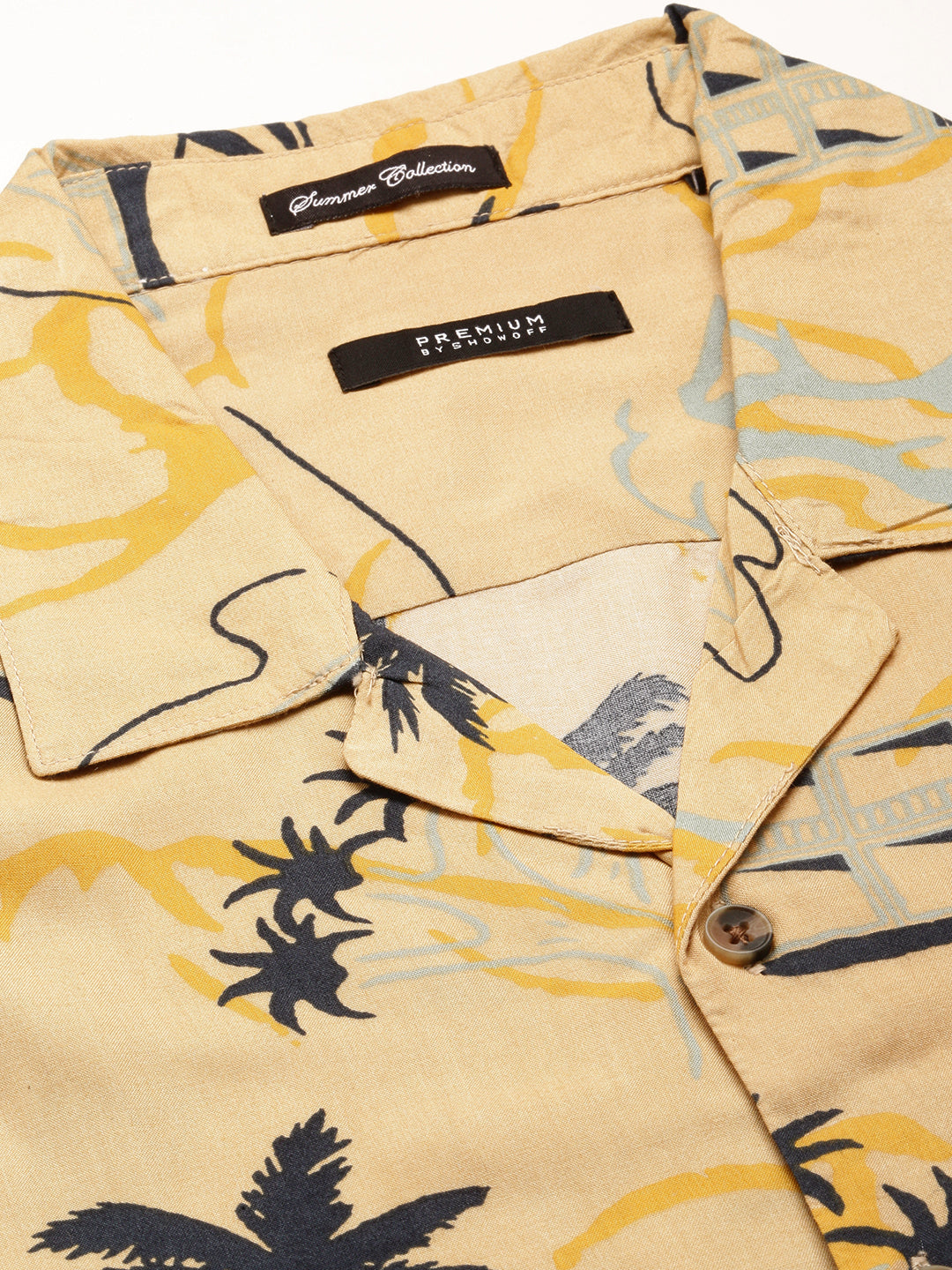 Men's Beige Premium Conversational Printed Cuban Collar Cotton Casual Shirt