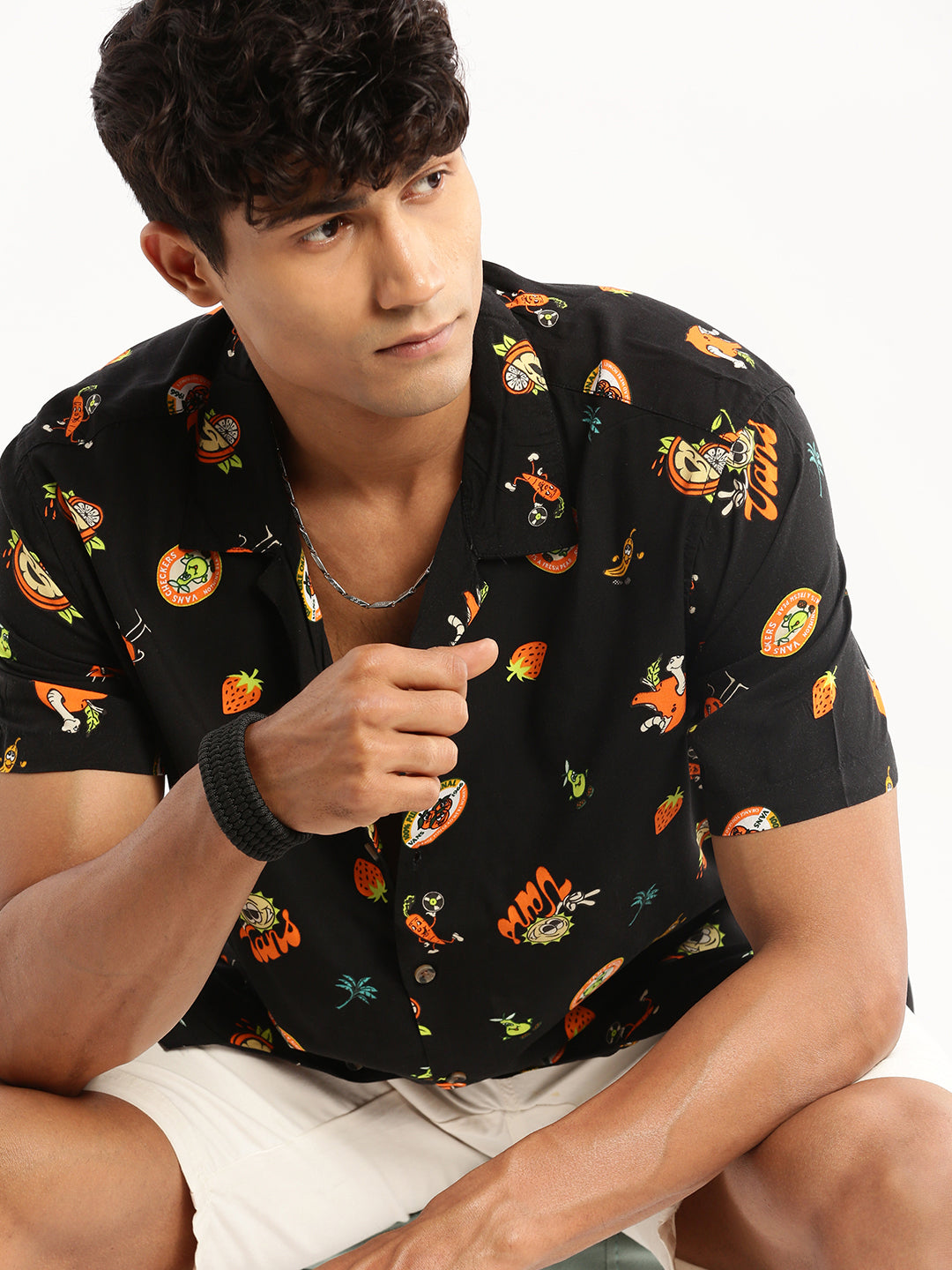 Men's Black Conversational Printed Cotton Casual Shirt