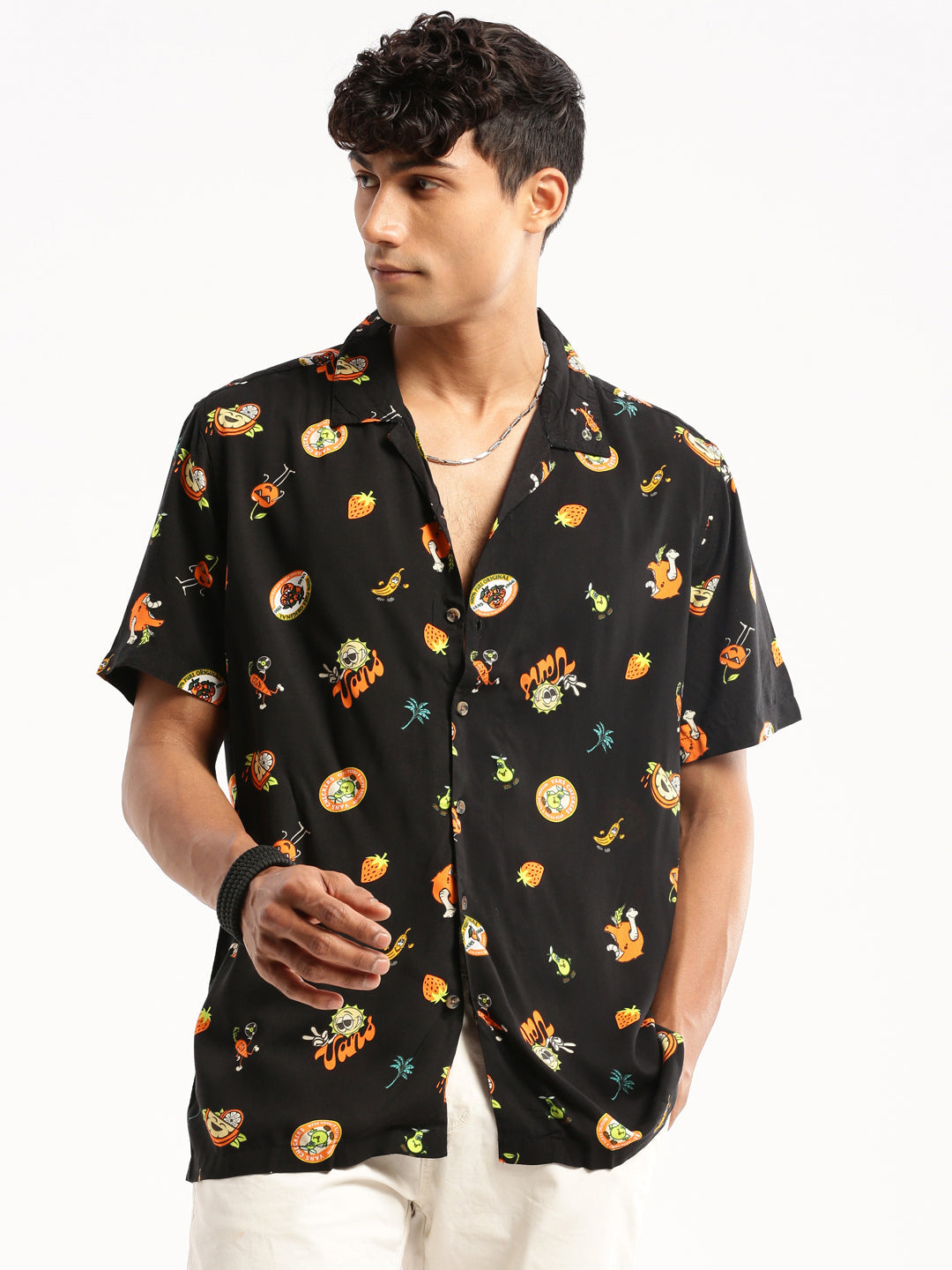 Men's Black Conversational Printed Cotton Casual Shirt