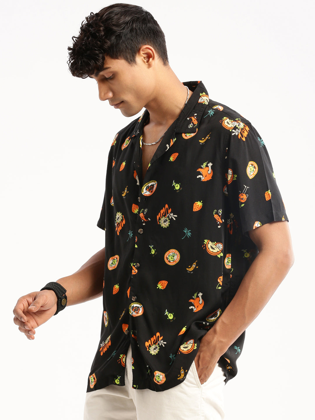 Men's Black Conversational Printed Cotton Casual Shirt
