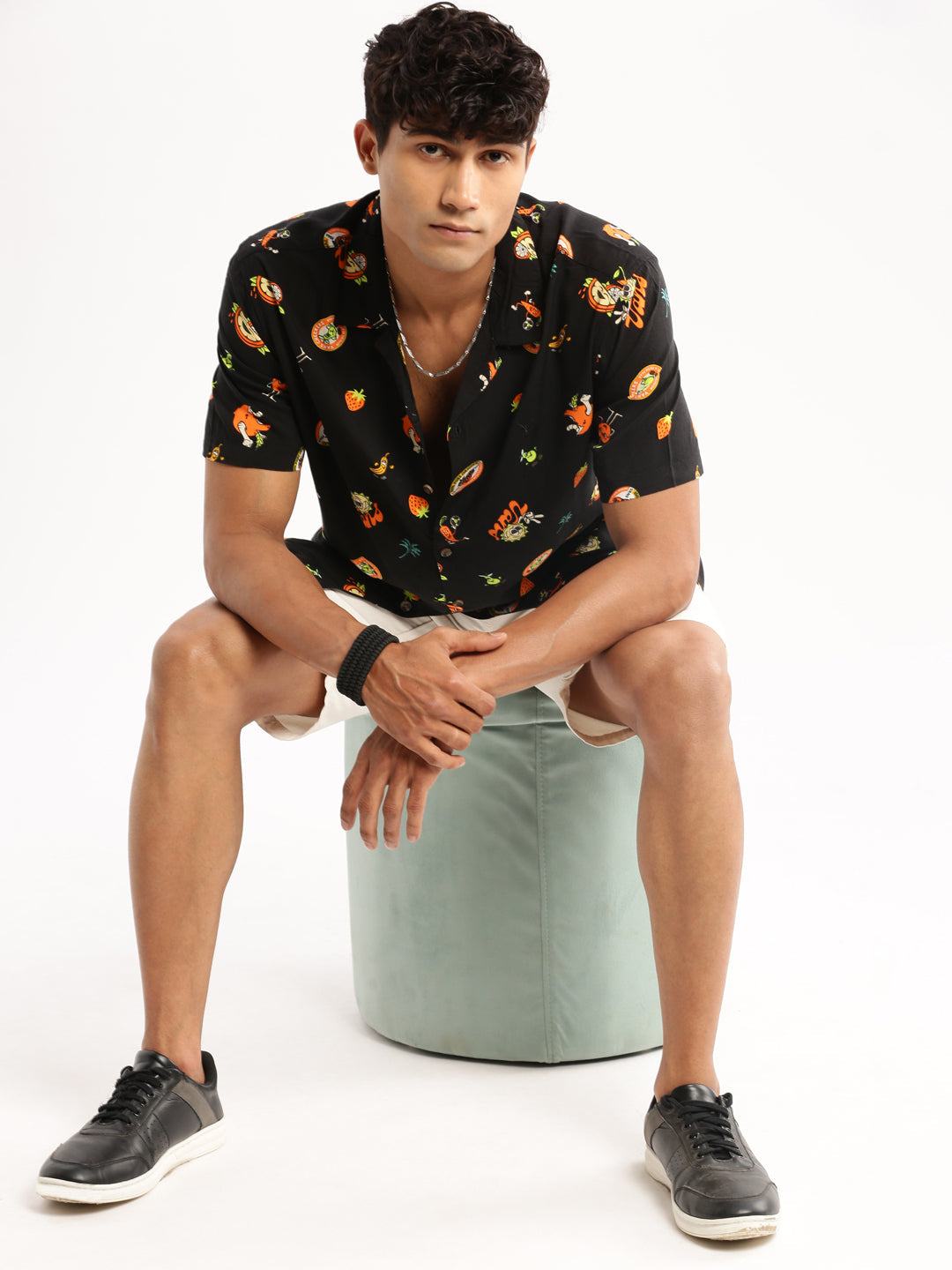 Men's Black Conversational Printed Cotton Casual Shirt