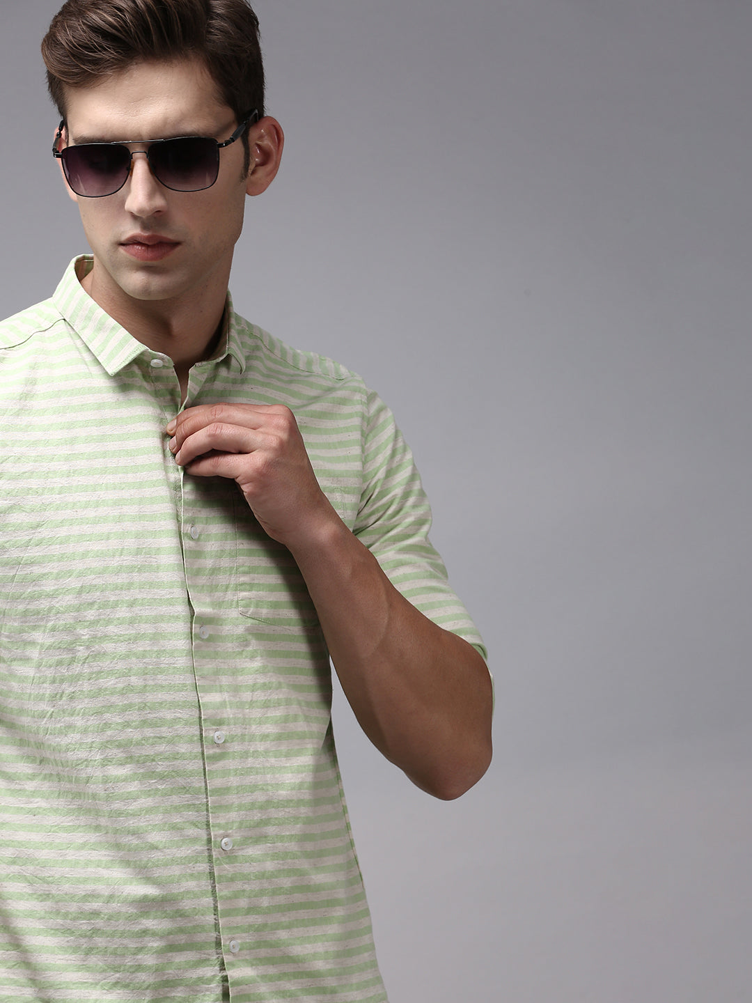 Men Green Striped Casual Shirt