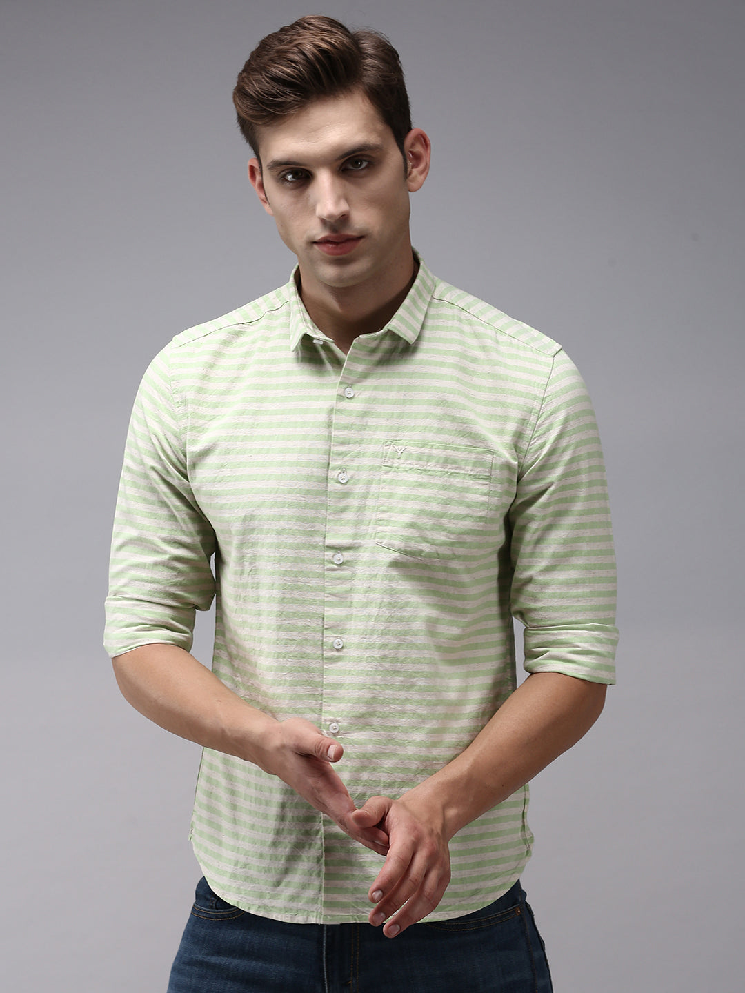 Men Green Striped Casual Shirt