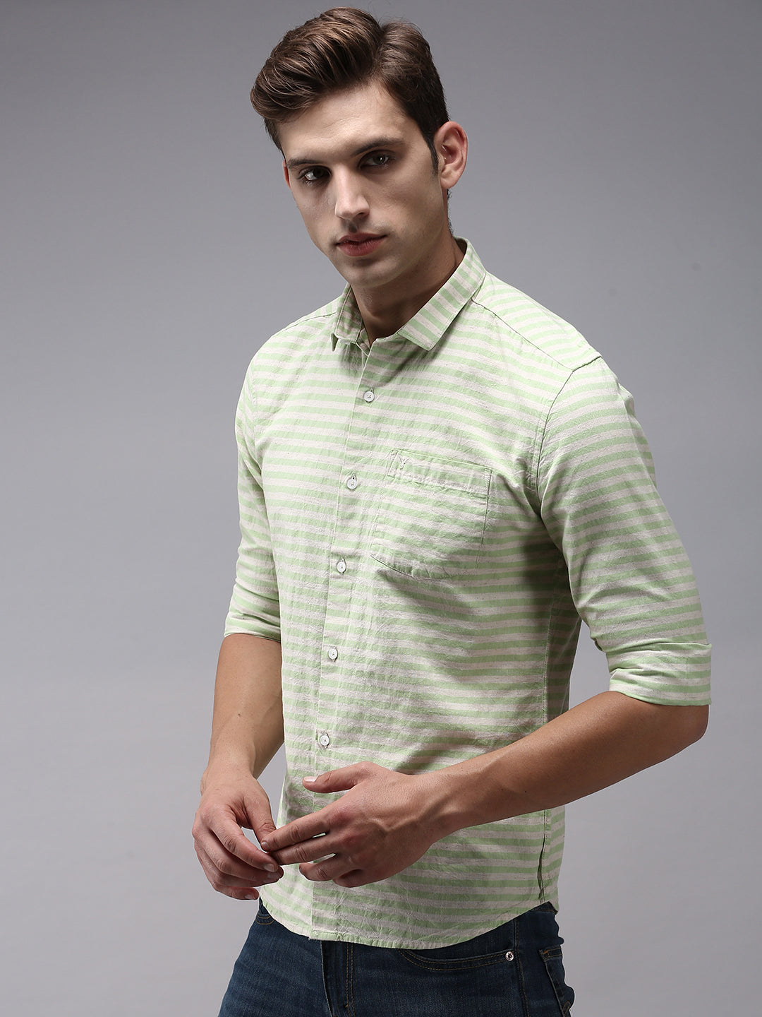 Men Green Striped Casual Shirt