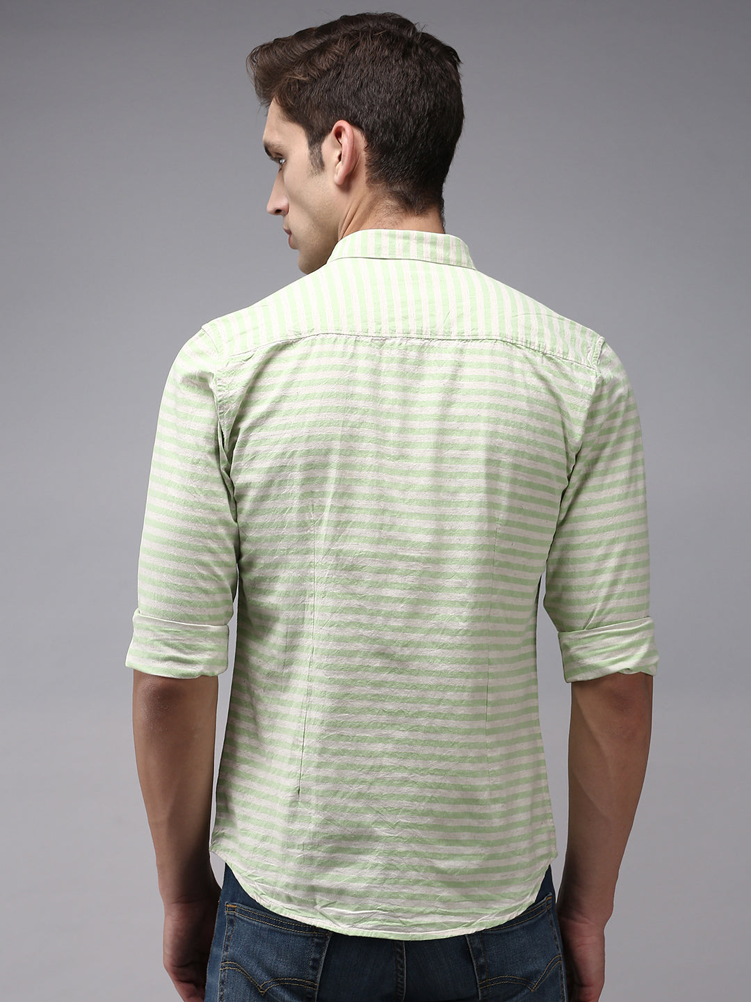 Men Green Striped Casual Shirt