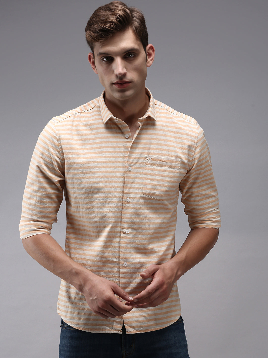 Men Orange Striped Casual Shirt