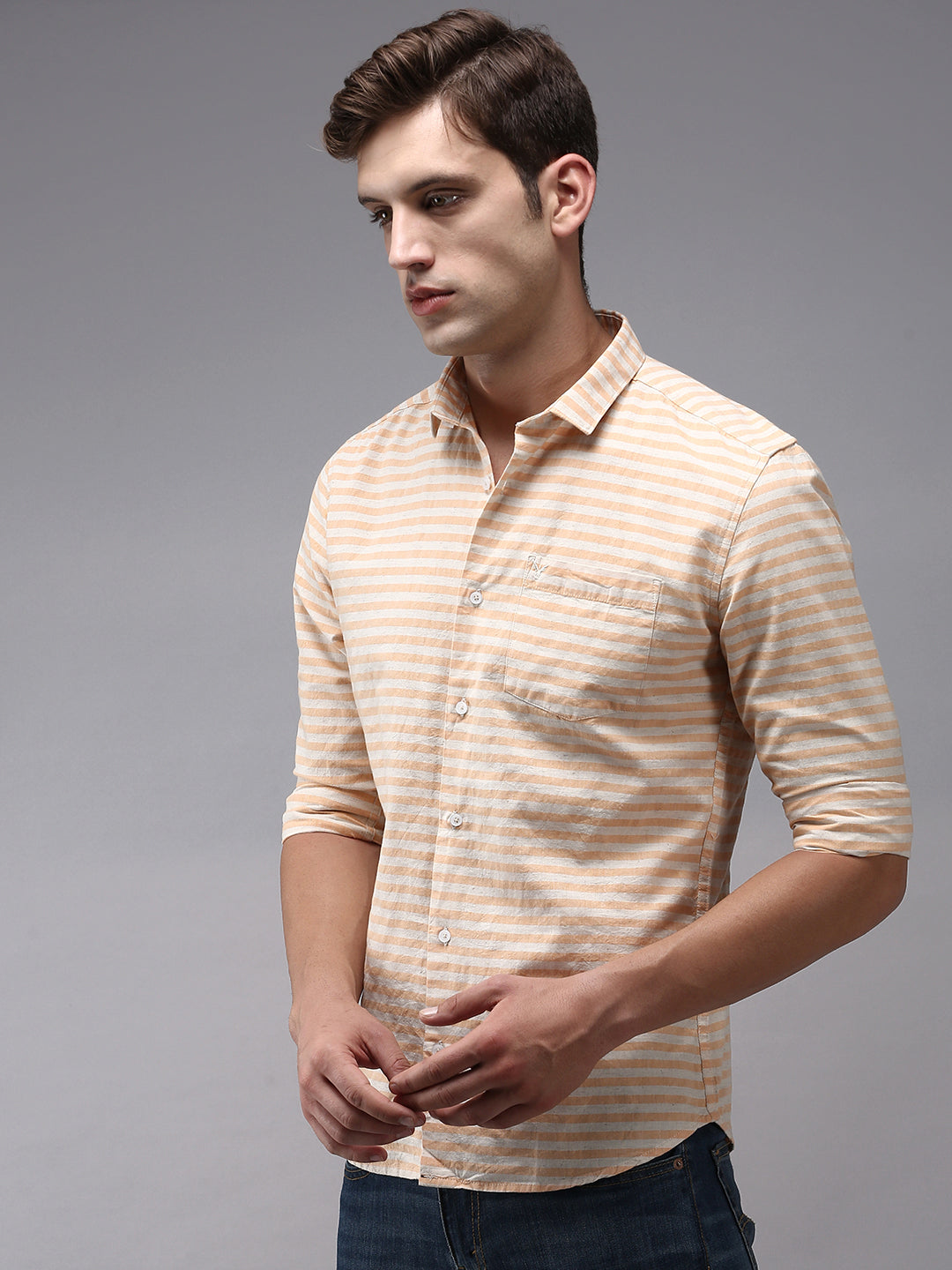 Men Orange Striped Casual Shirt