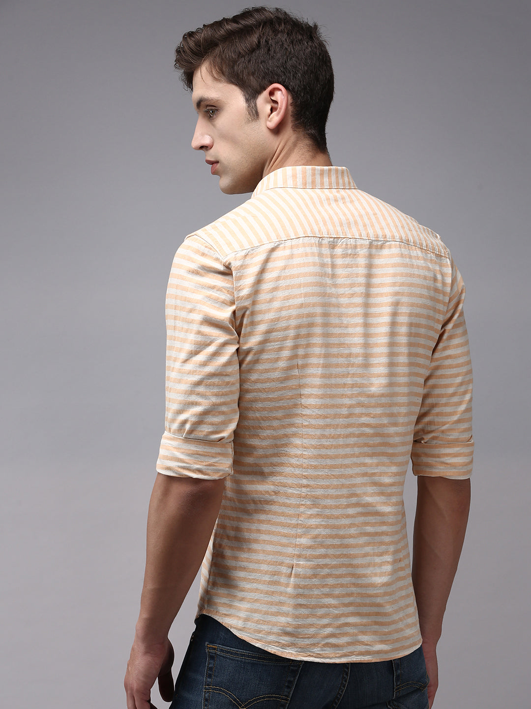 Men Orange Striped Casual Shirt