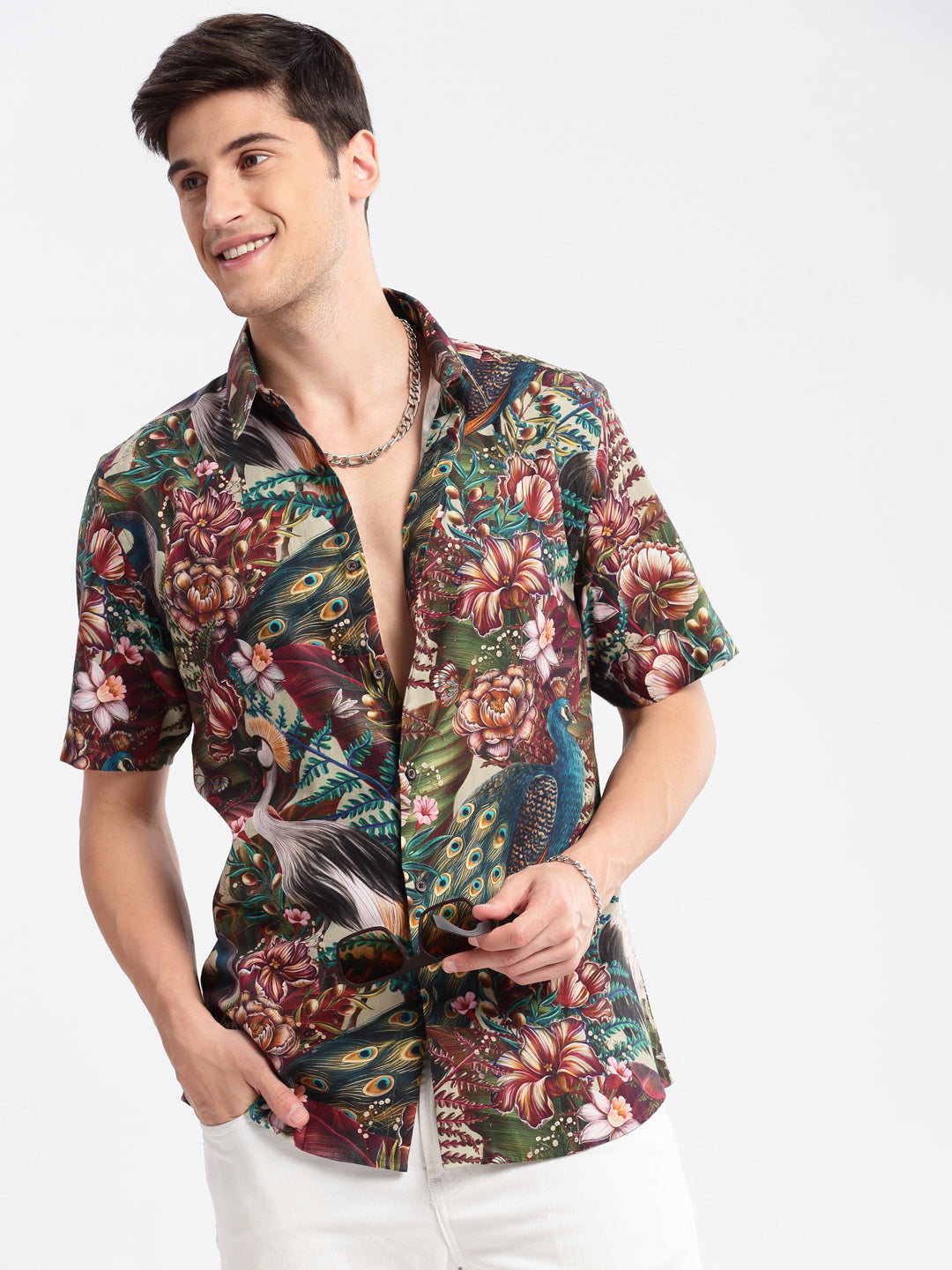 Men's Multi Smart Slim Fit Floral Printed Cotton Shirt