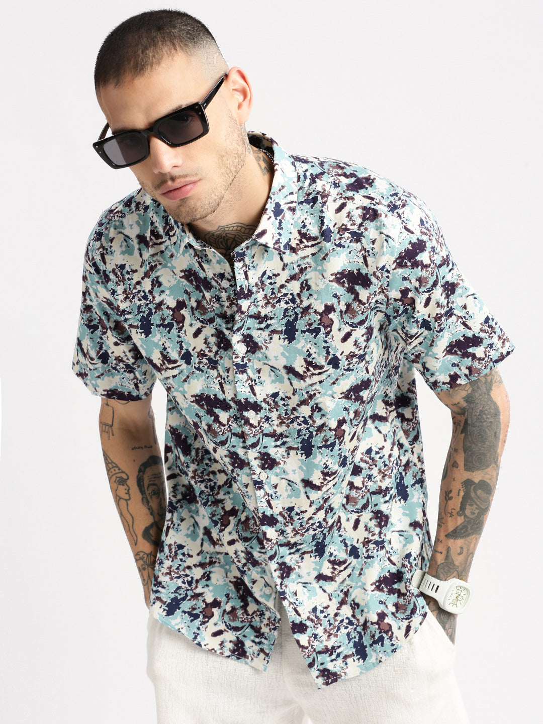 Men's Sea Green Smart Slim Fit Floral Printed Cotton Shirt