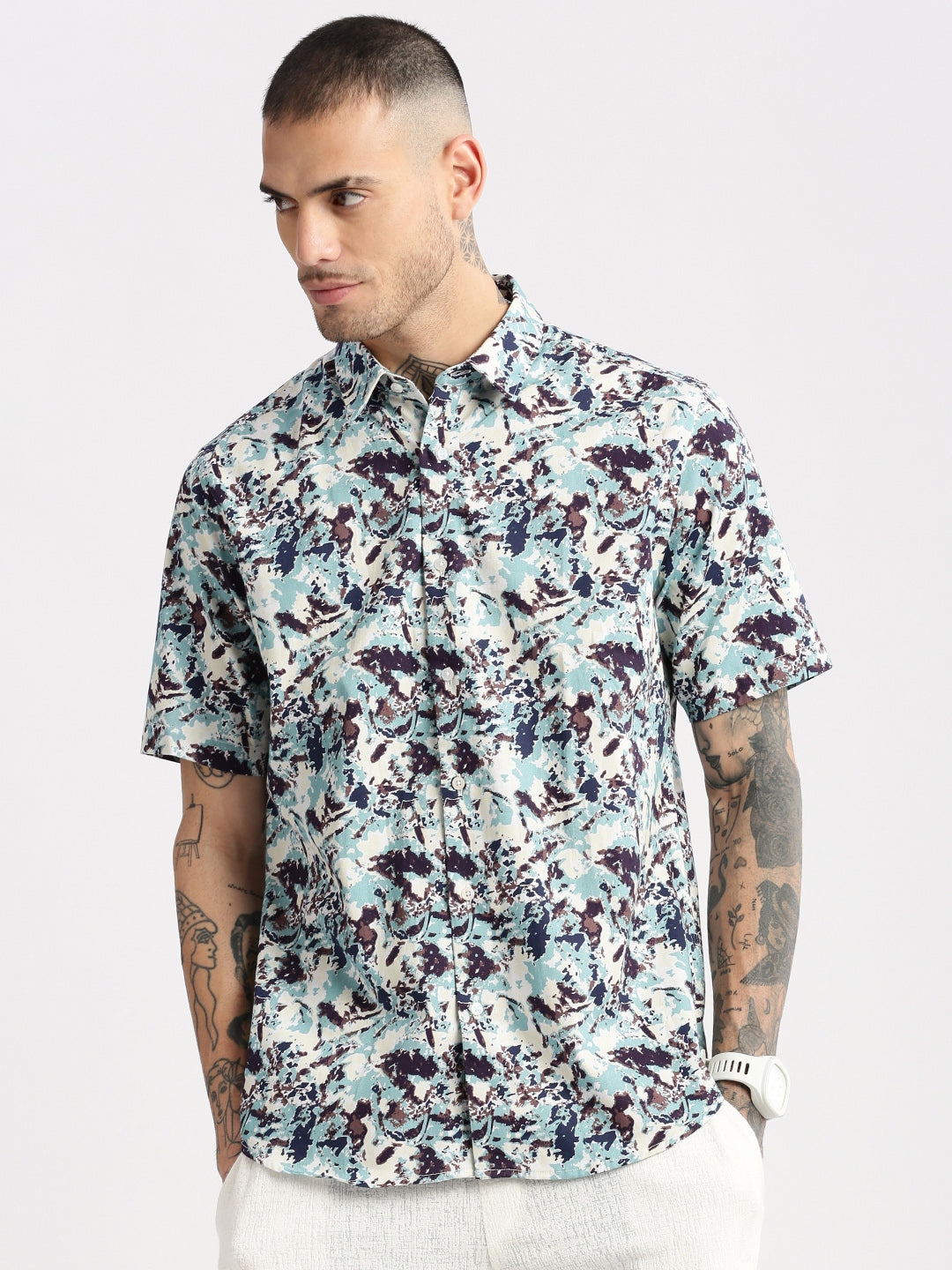 Men's Sea Green Smart Slim Fit Floral Printed Cotton Shirt