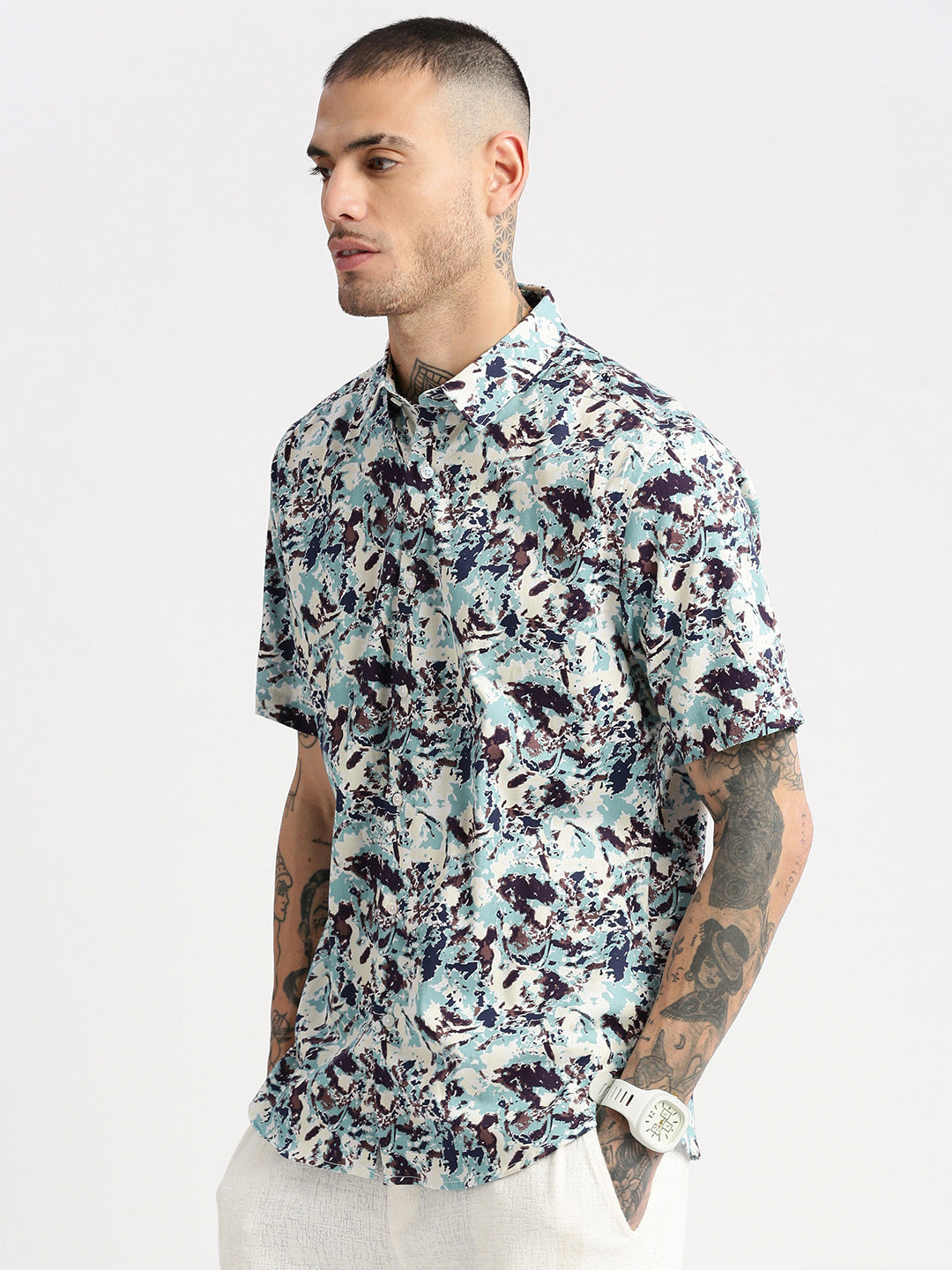Men's Sea Green Smart Slim Fit Floral Printed Cotton Shirt