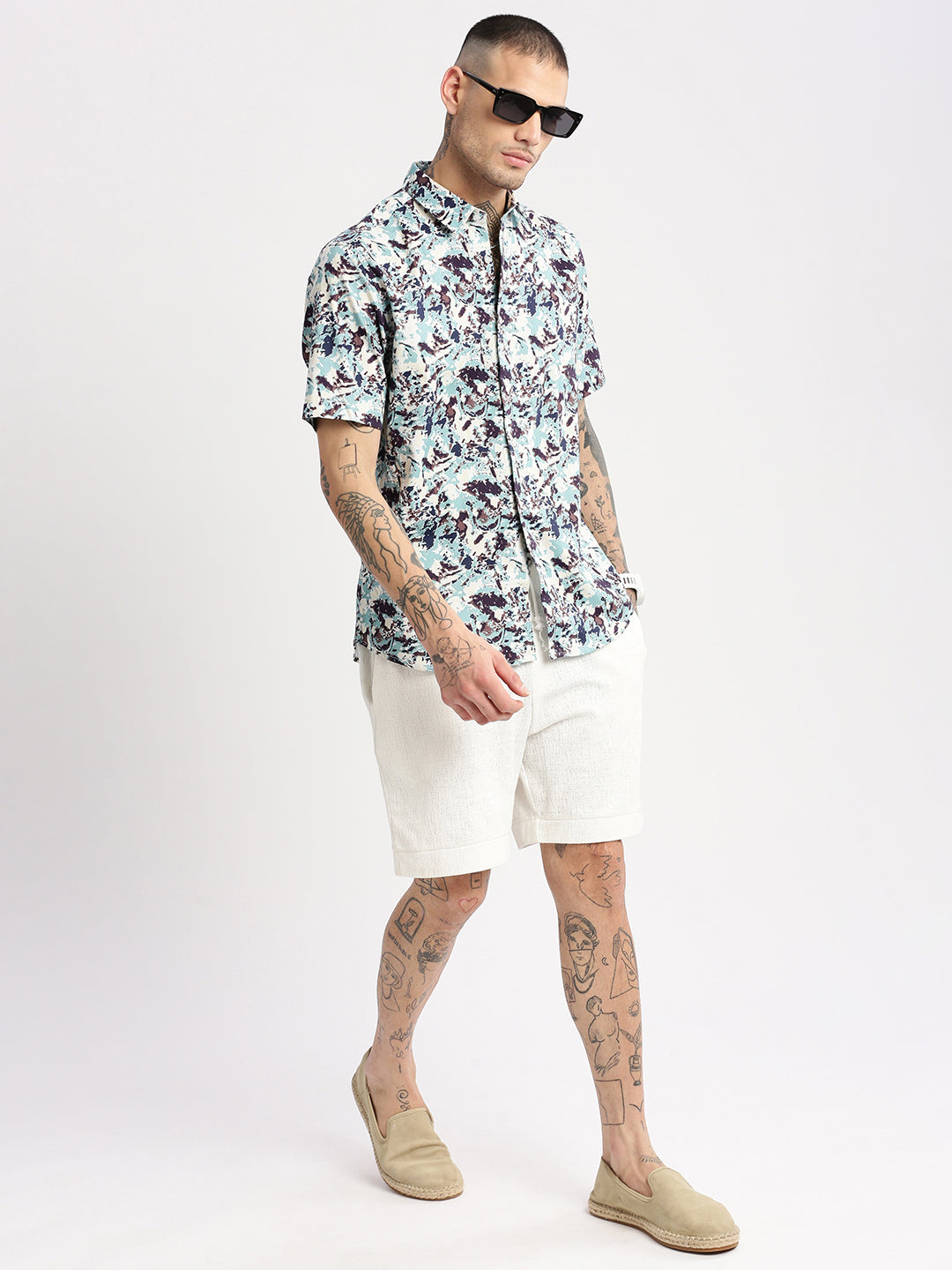 Men's Sea Green Smart Slim Fit Floral Printed Cotton Shirt