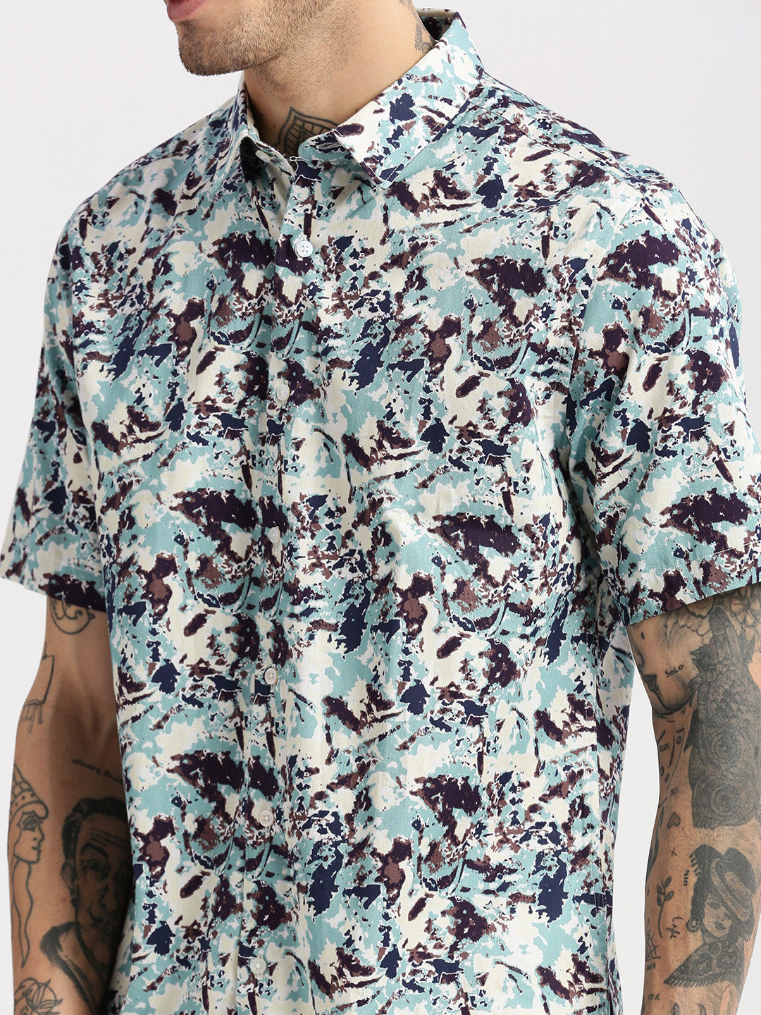 Men's Sea Green Smart Slim Fit Floral Printed Cotton Shirt