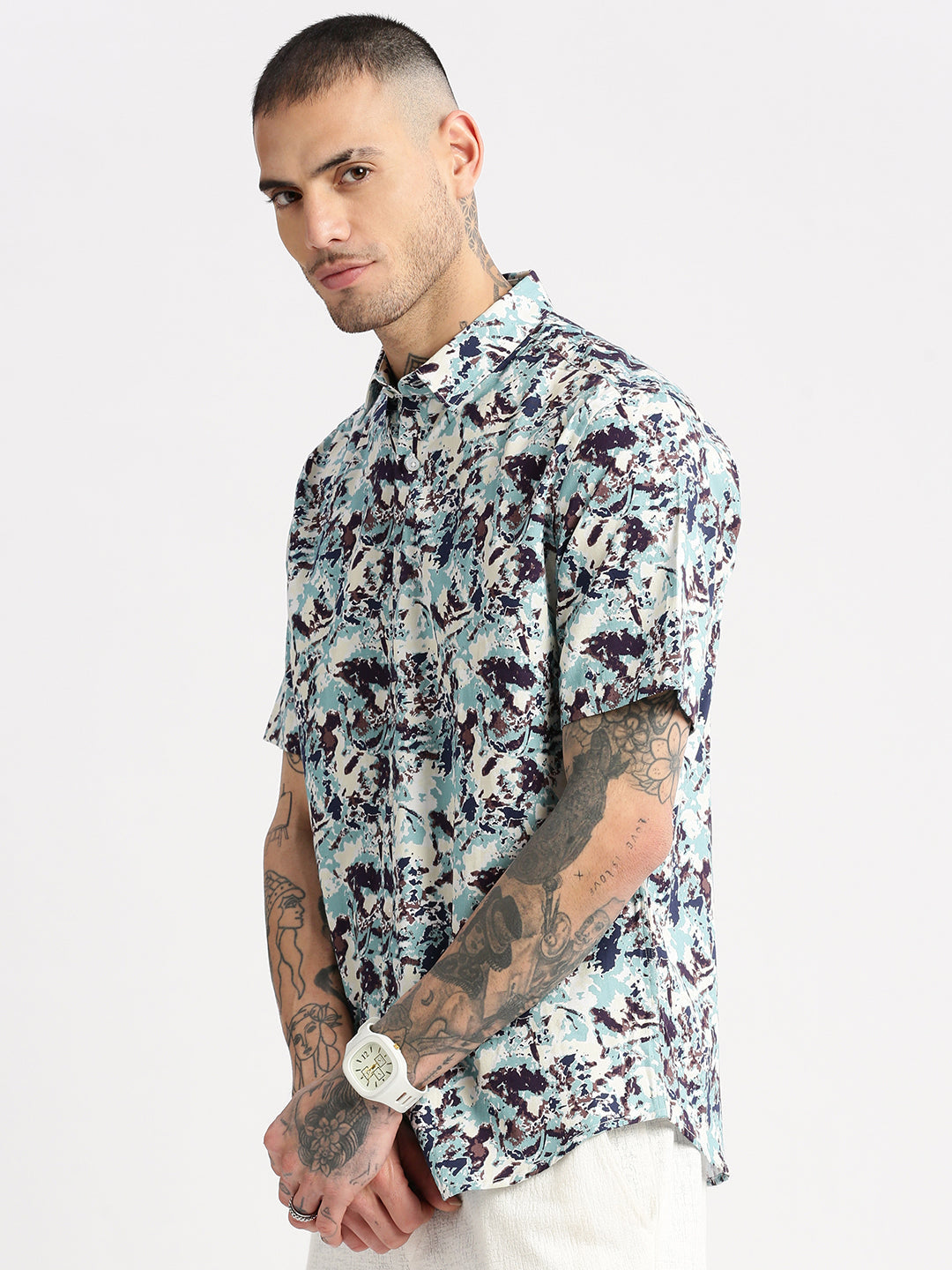 Men's Sea Green Smart Slim Fit Floral Printed Cotton Shirt
