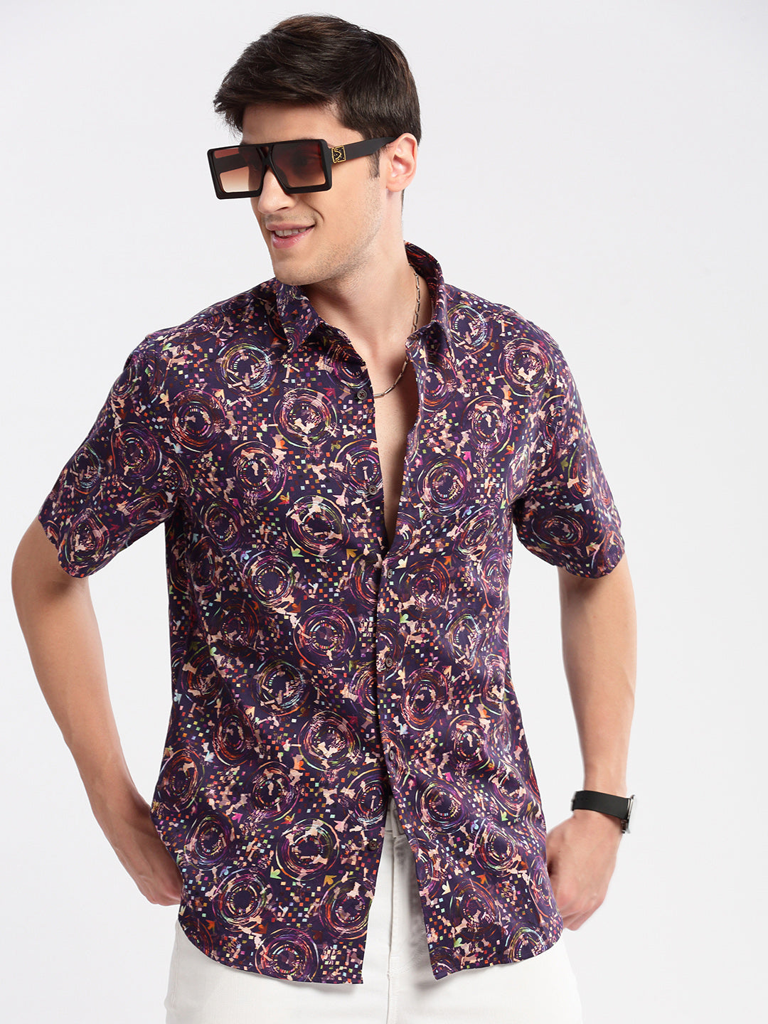 Men's Purple Smart Slim Fit Floral Printed Cotton Casual Shirt