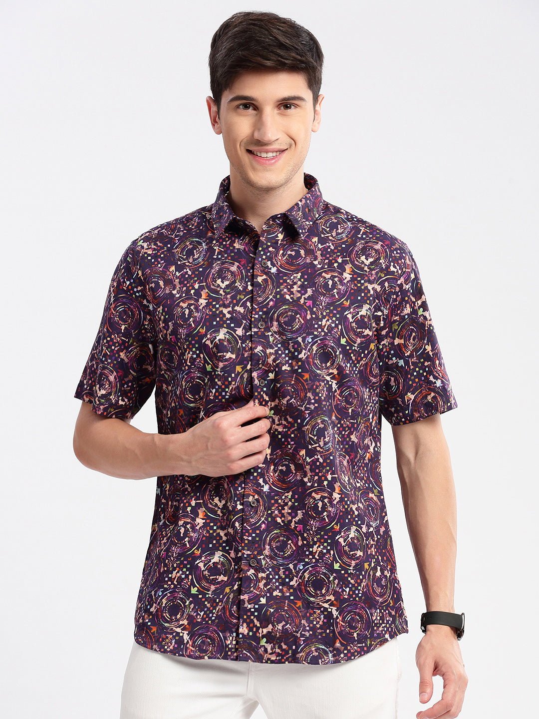 Men's Purple Smart Slim Fit Floral Printed Cotton Casual Shirt