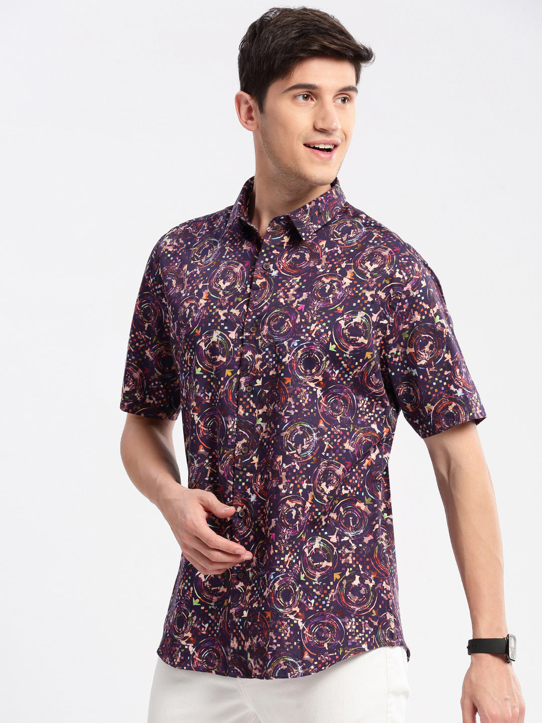 Men's Purple Smart Slim Fit Floral Printed Cotton Casual Shirt
