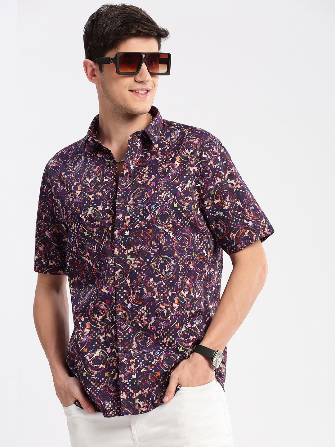 Men's Purple Smart Slim Fit Floral Printed Cotton Casual Shirt