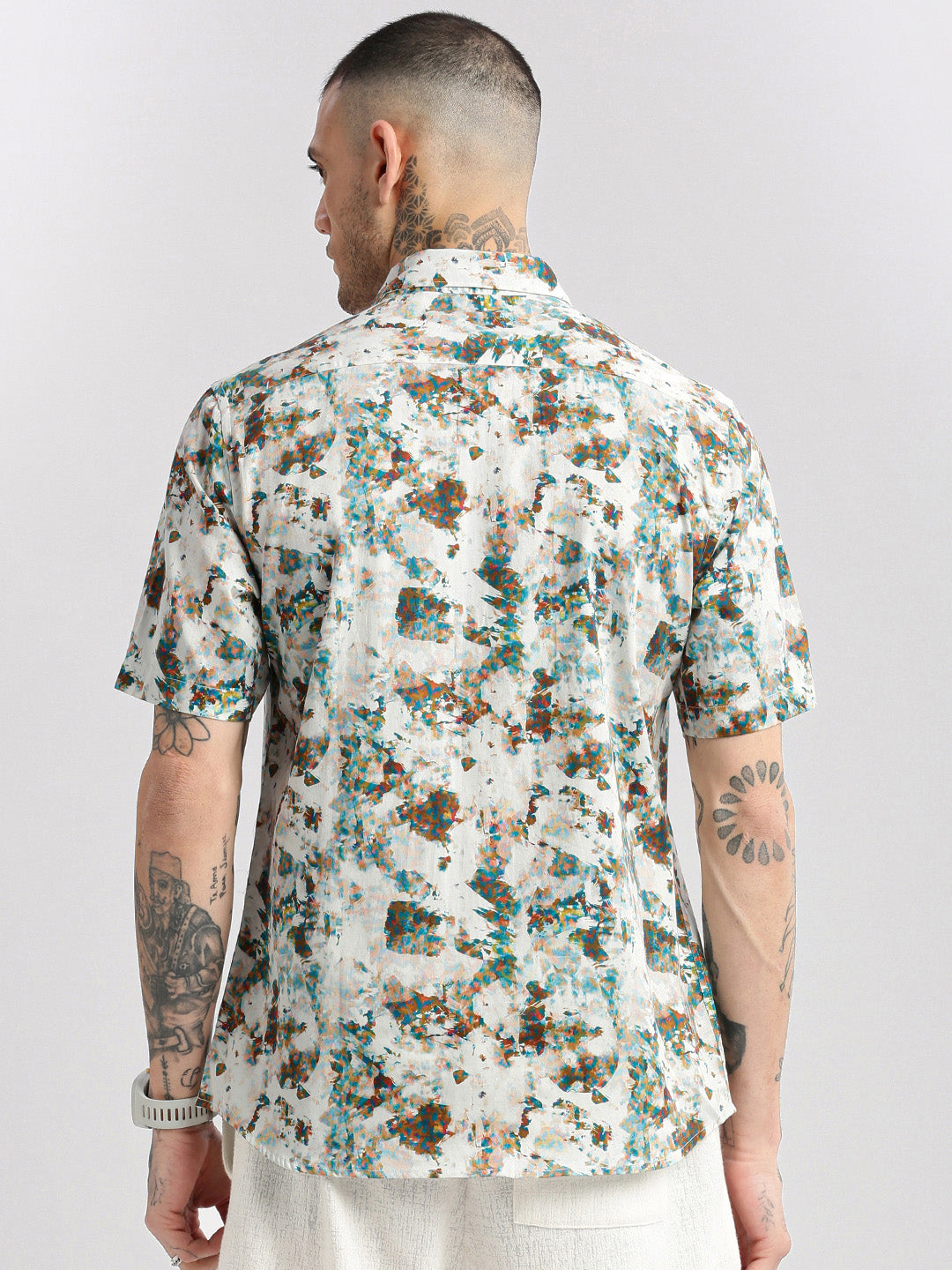 Men's White Smart Slim Fit Abstract Printed Cotton Casual Shirt