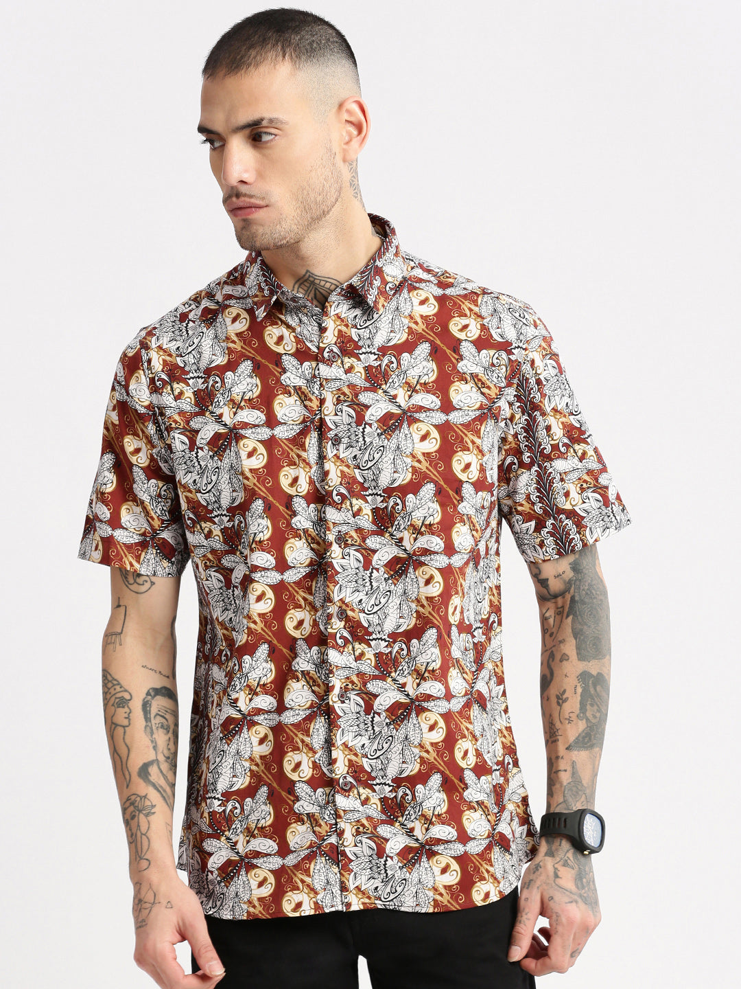 Men's Brown Smart Slim Fit Floral Opaque Printed Cotton Casual Shirt