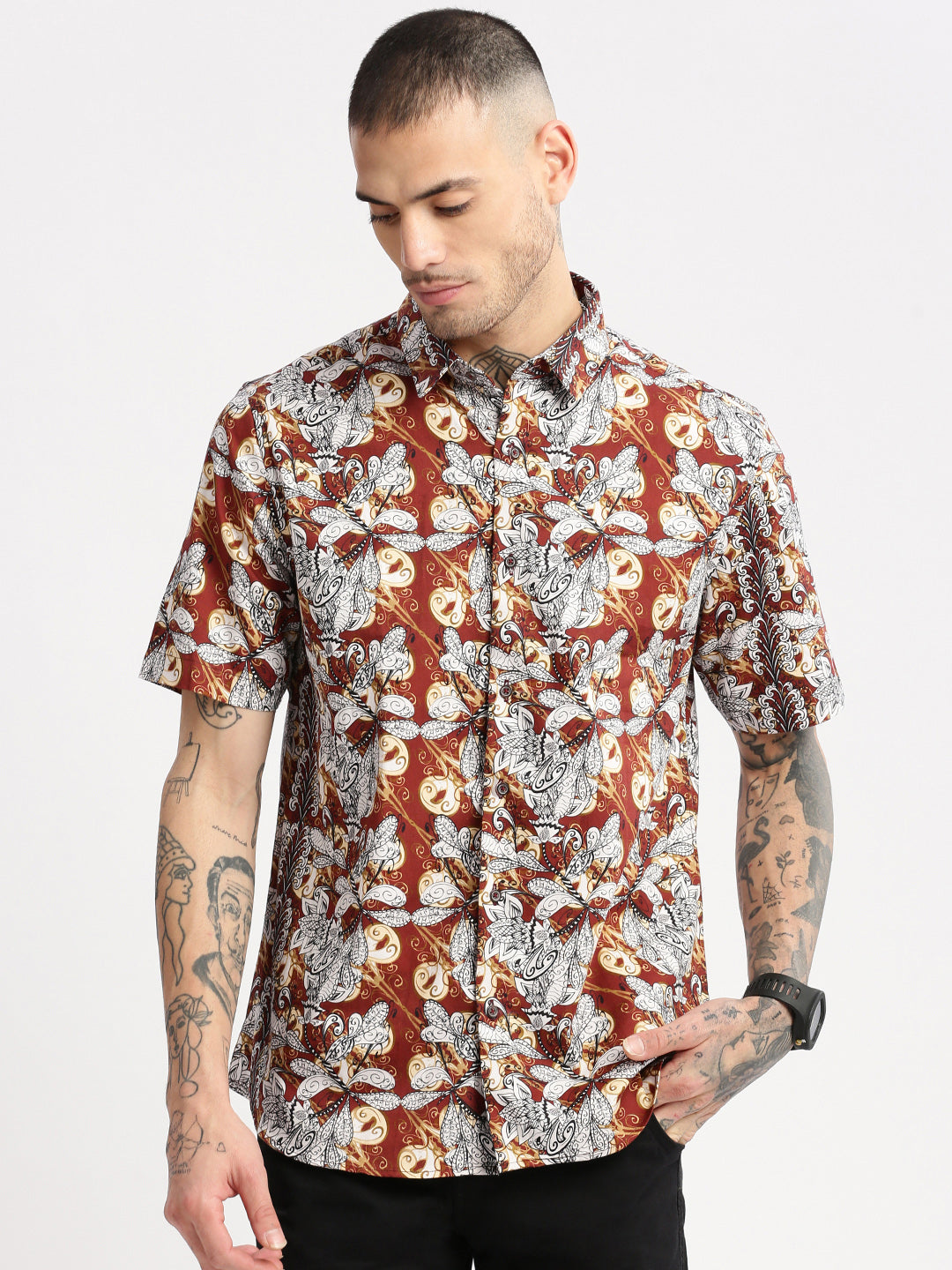 Men's Brown Smart Slim Fit Floral Opaque Printed Cotton Casual Shirt