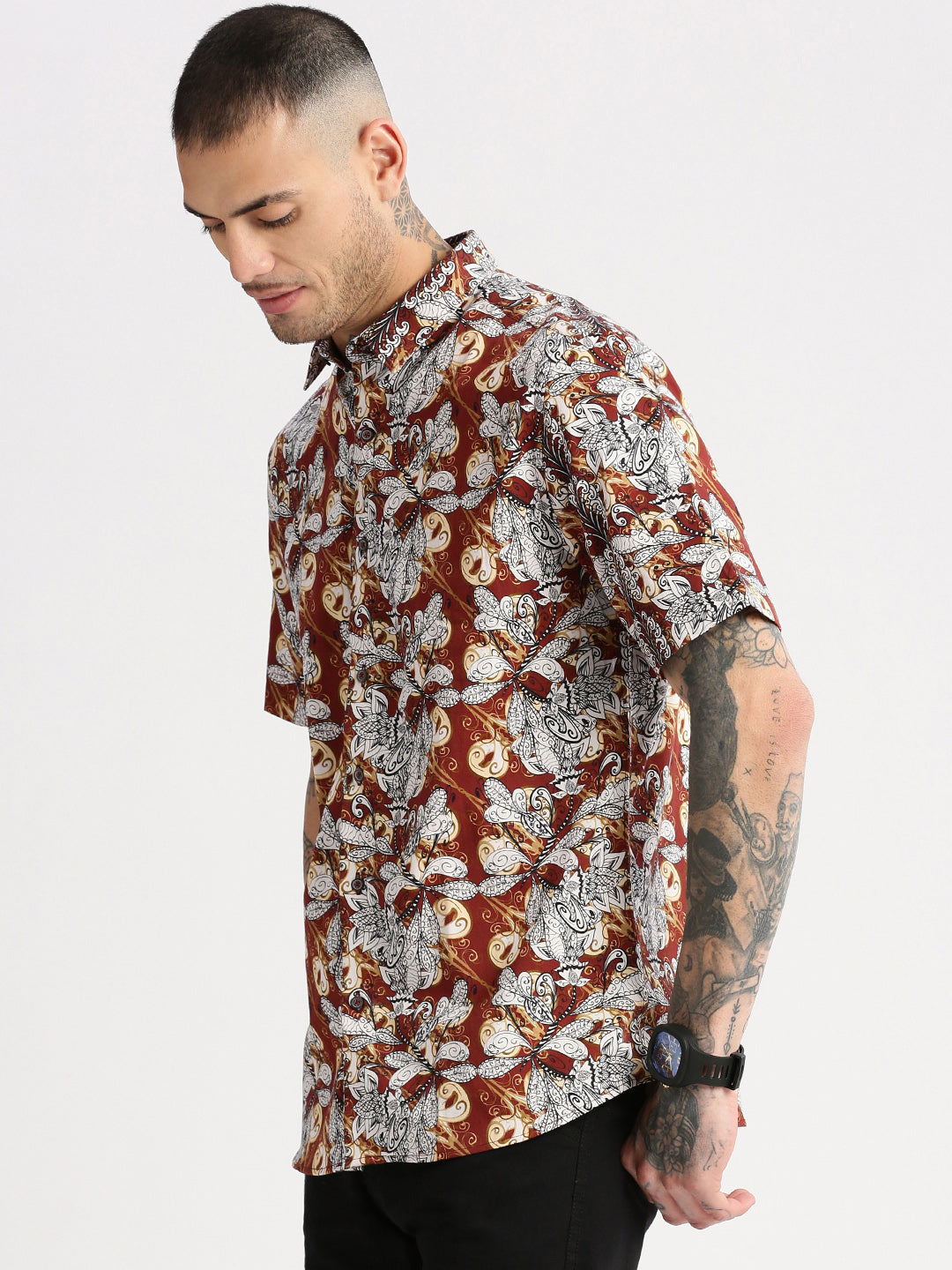 Men's Brown Smart Slim Fit Floral Opaque Printed Cotton Casual Shirt