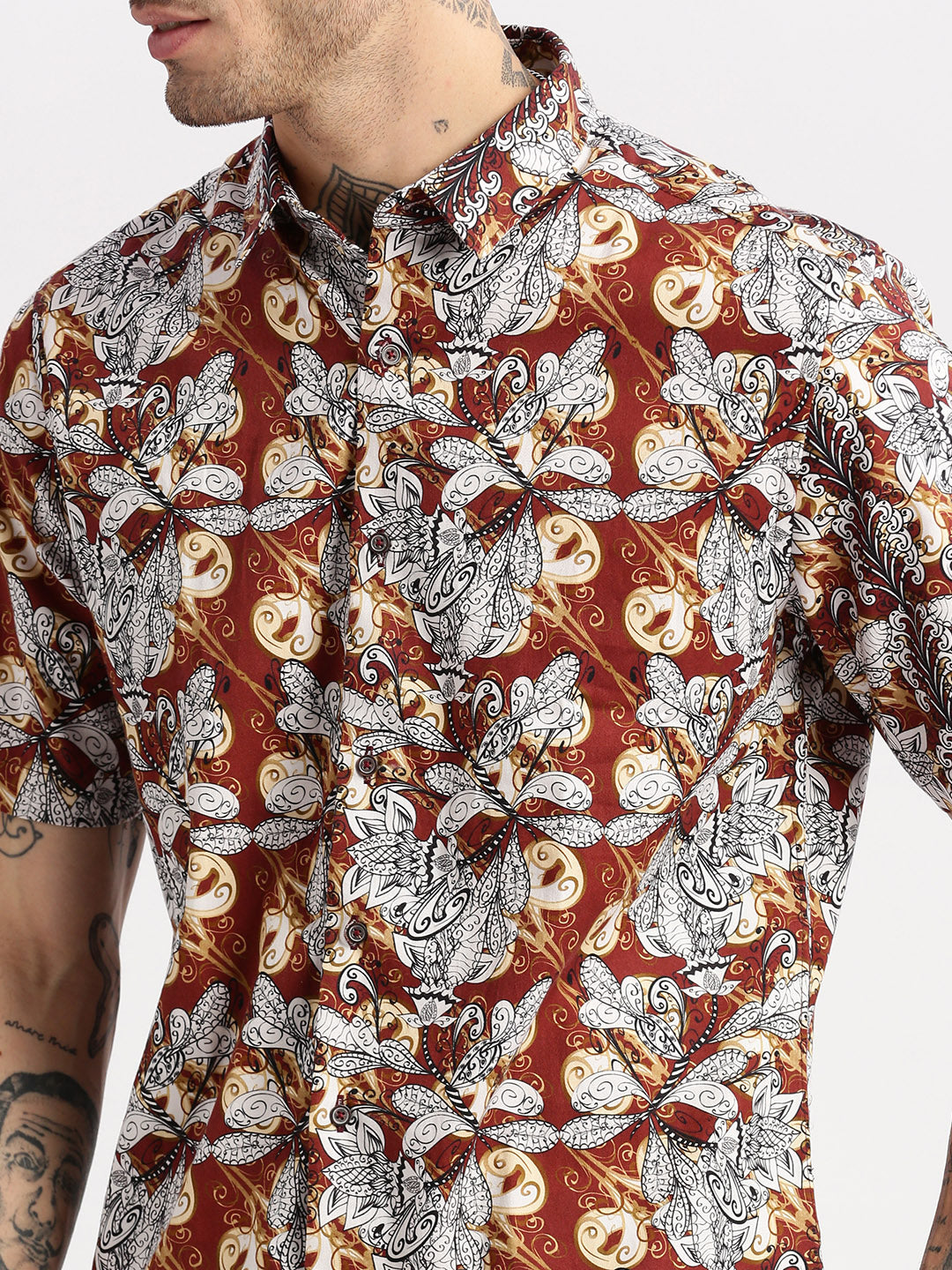 Men's Brown Smart Slim Fit Floral Opaque Printed Cotton Casual Shirt