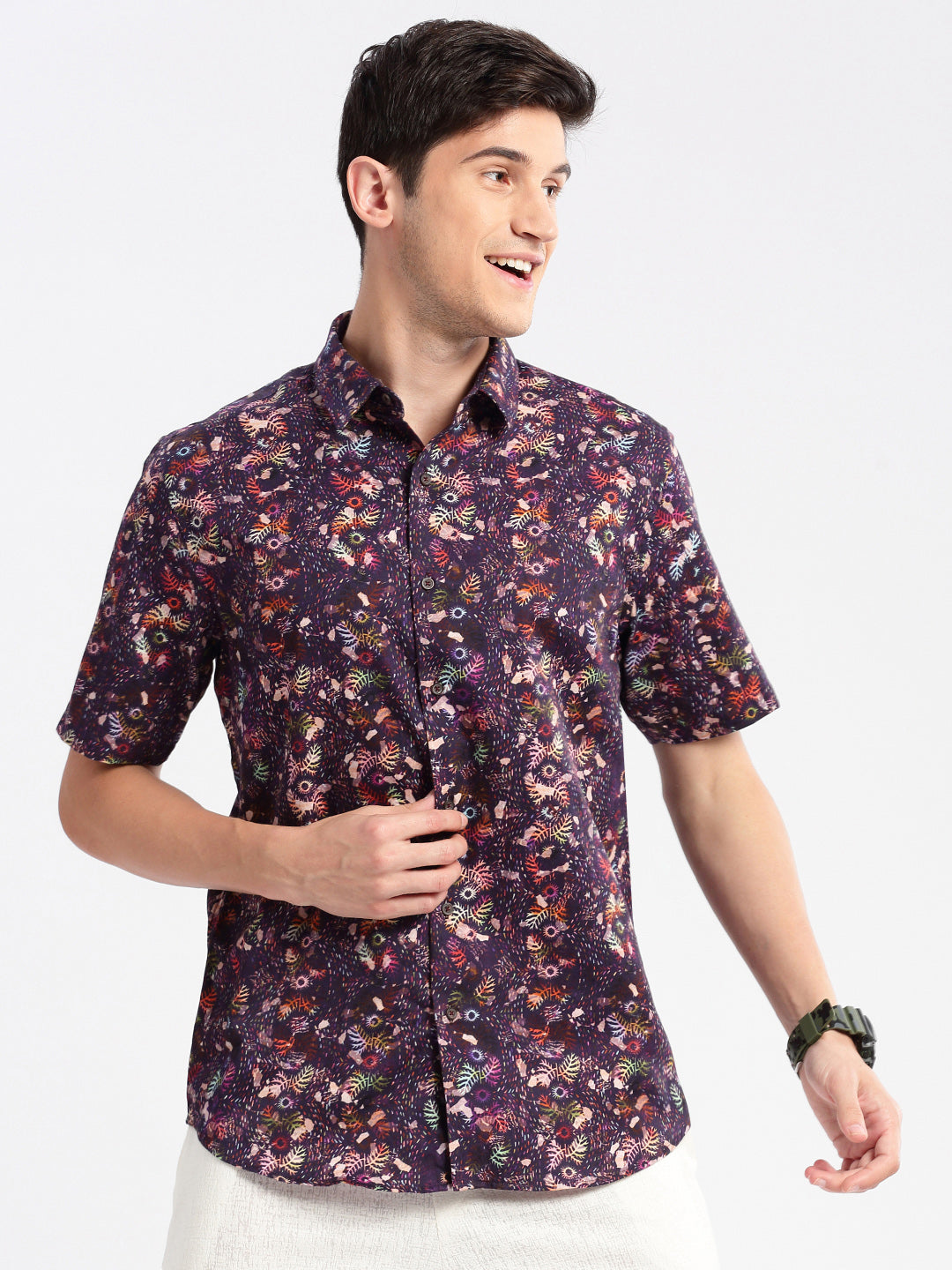 Men's Purple Smart Floral Printed Slim Fit Cotton Shirt