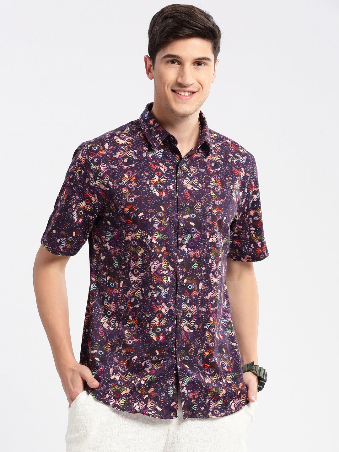 Men's Purple Smart Floral Printed Slim Fit Cotton Shirt
