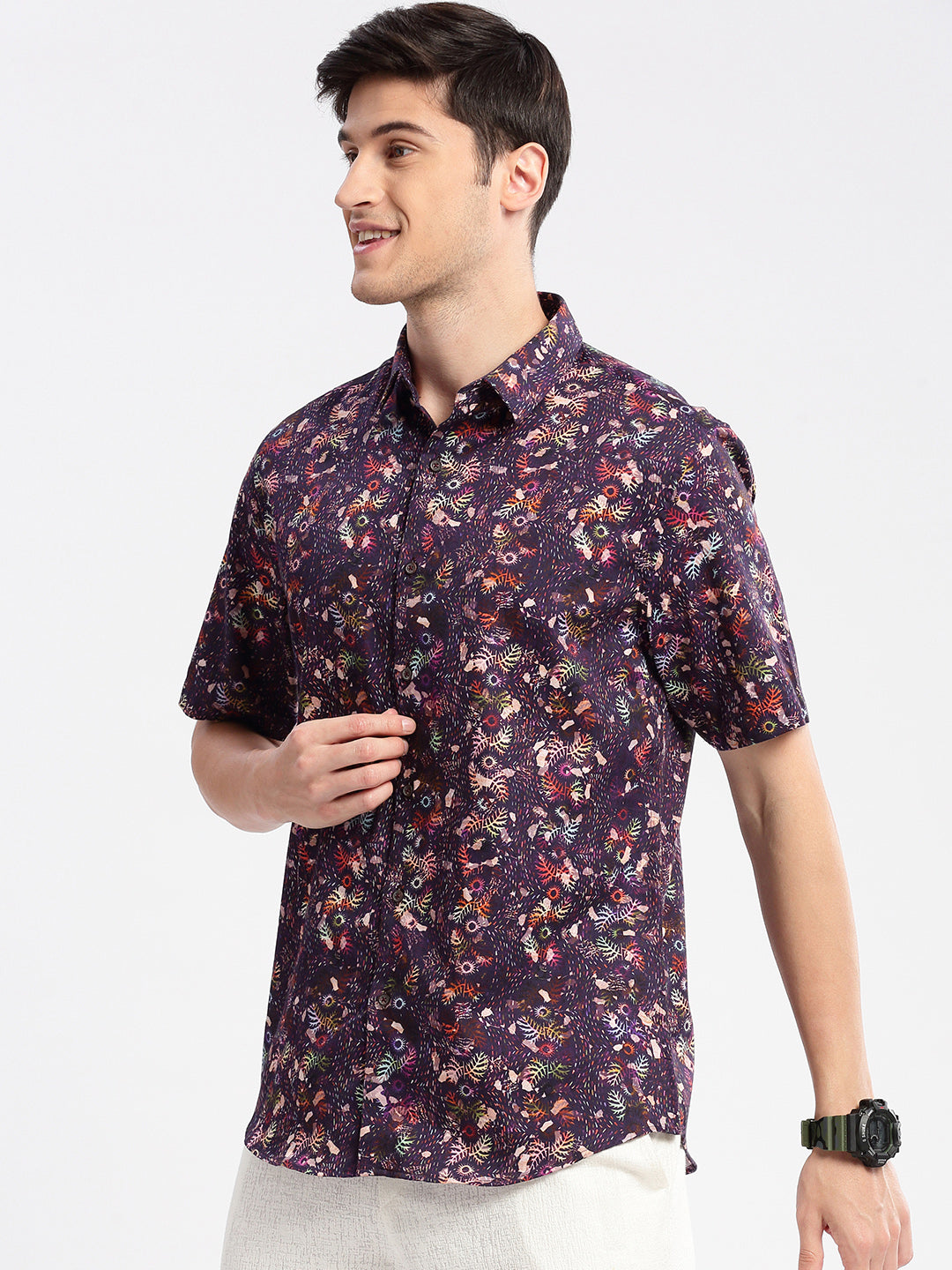 Men's Purple Smart Floral Printed Slim Fit Cotton Shirt