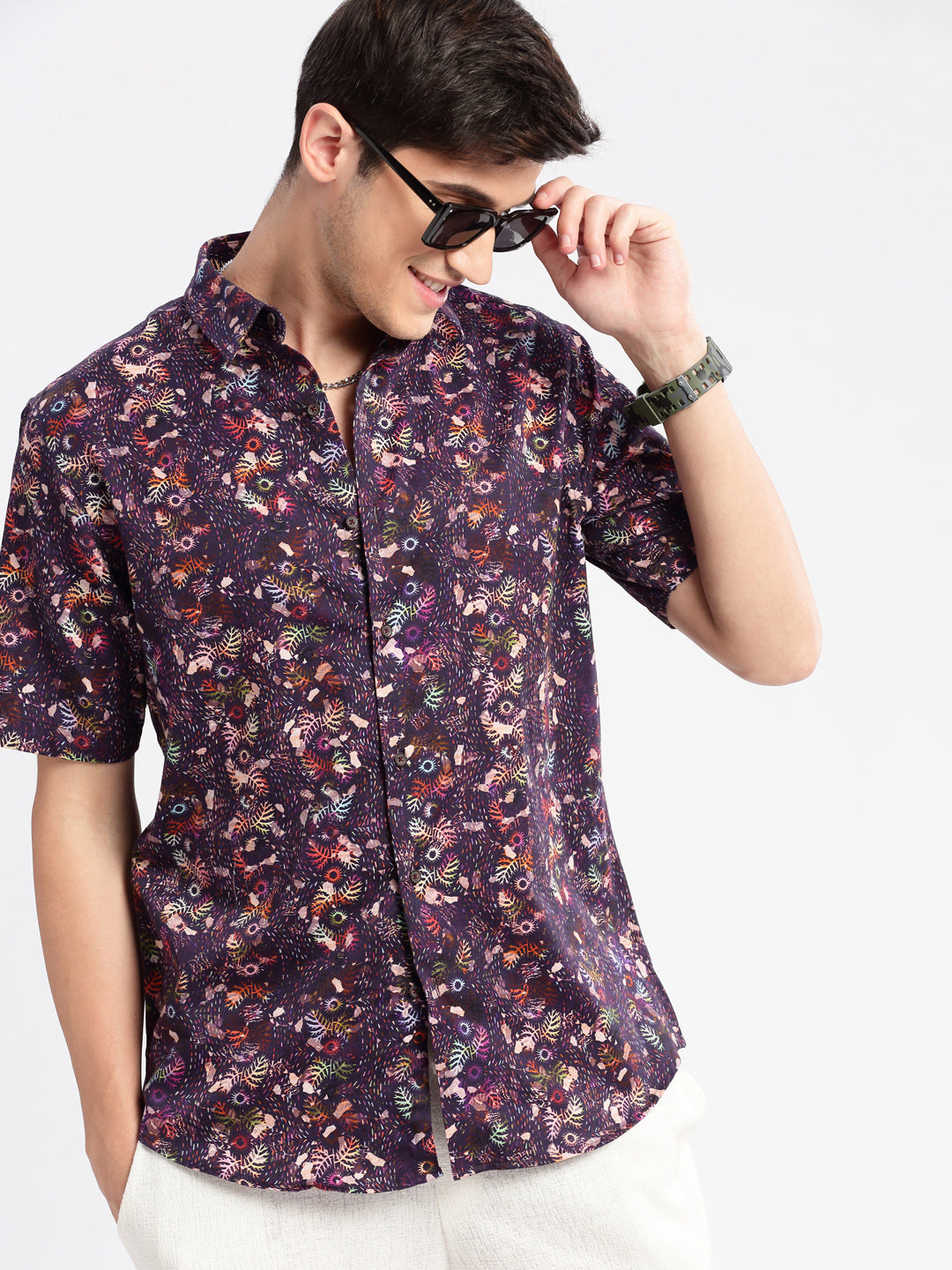 Men's Purple Smart Floral Printed Slim Fit Cotton Shirt