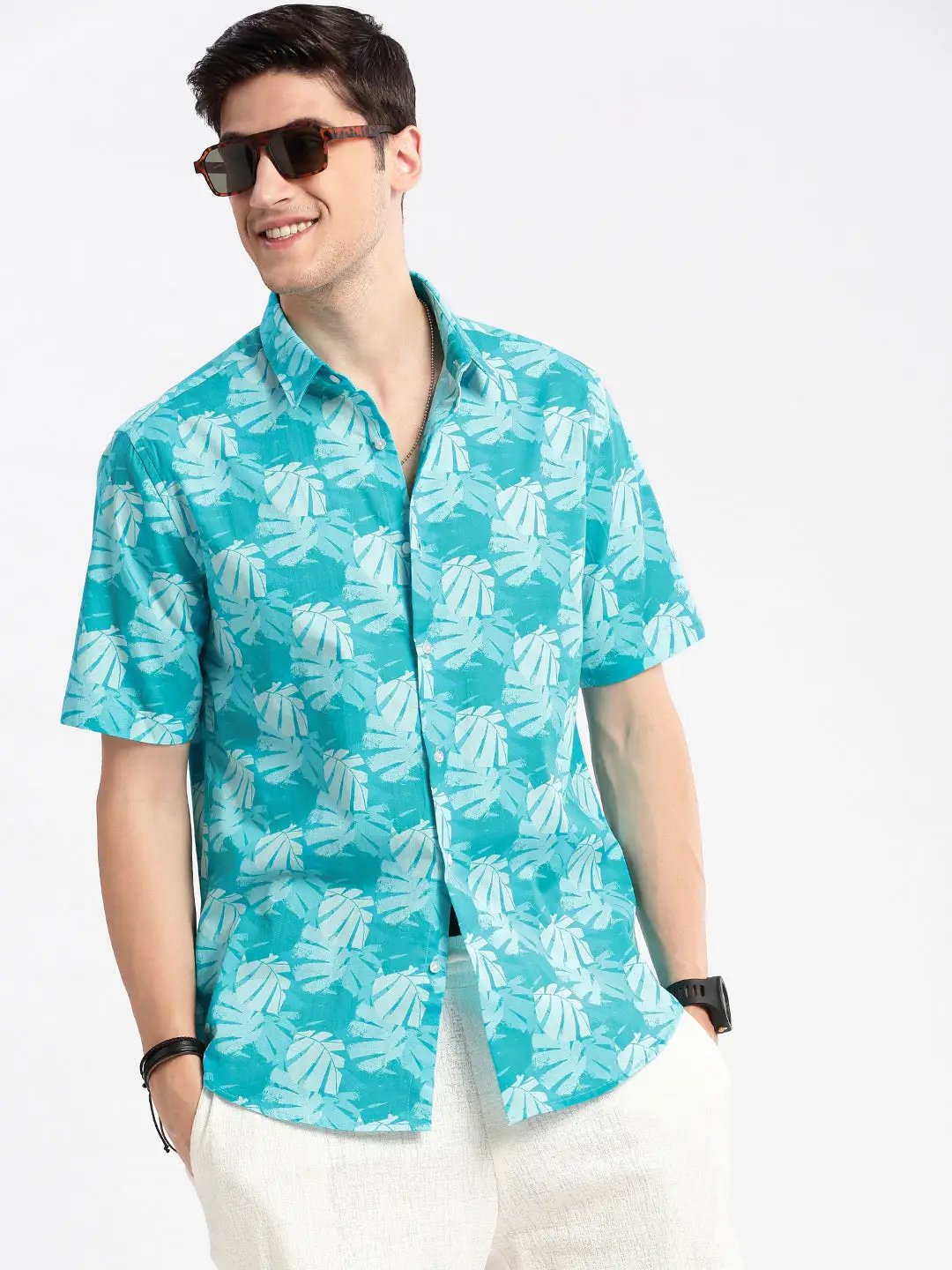Men's Turquoise Blue Smart Slim Fit Tropical Printed Twill Weave Cotton Casual Shirt